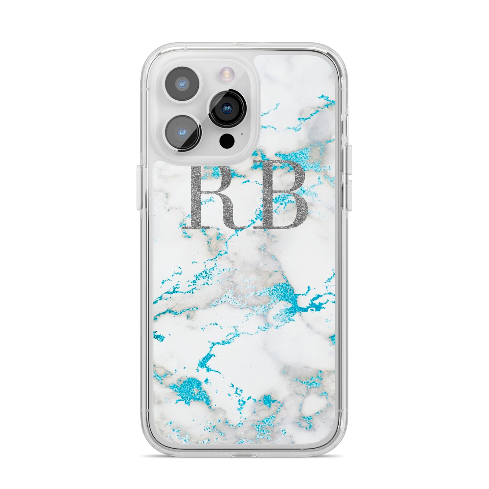 Personalised Blue Marble Initials iPhone 14 Pro Max Clear Tough Case Silver