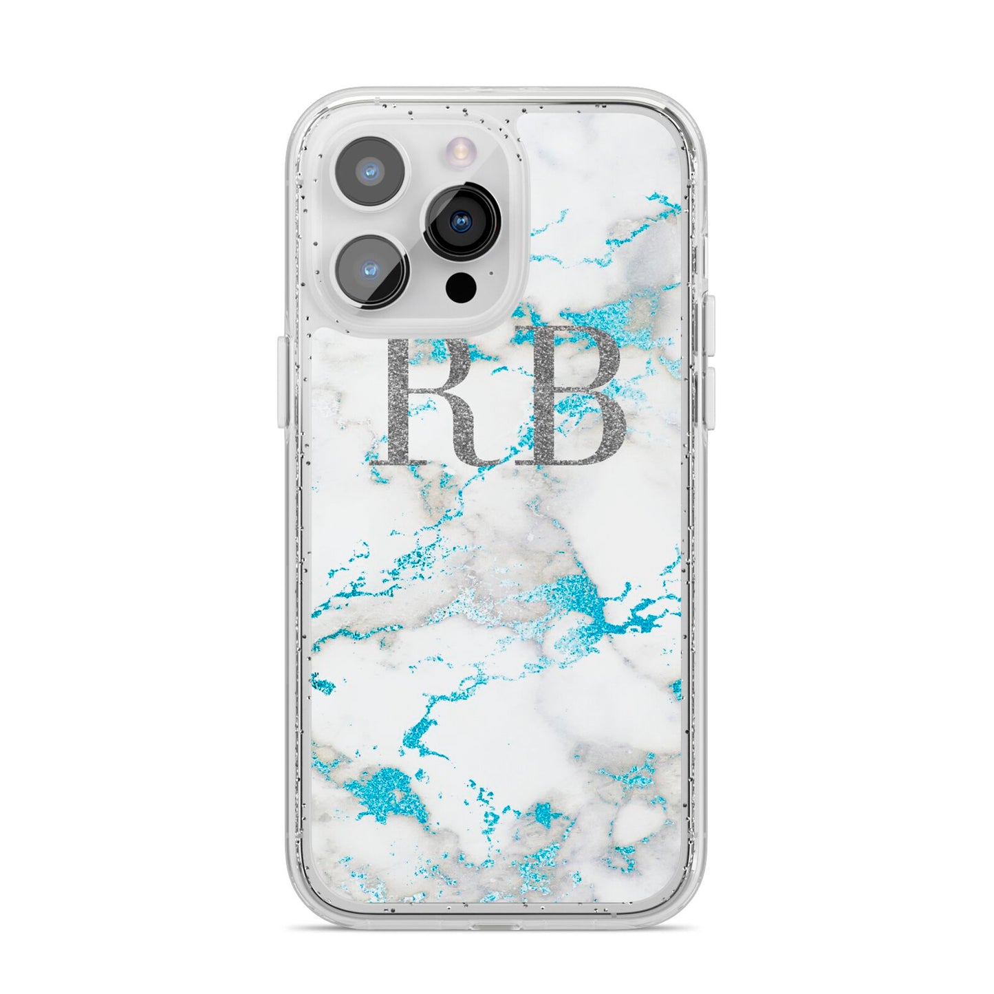 Personalised Blue Marble Initials iPhone 14 Pro Max Glitter Tough Case Silver
