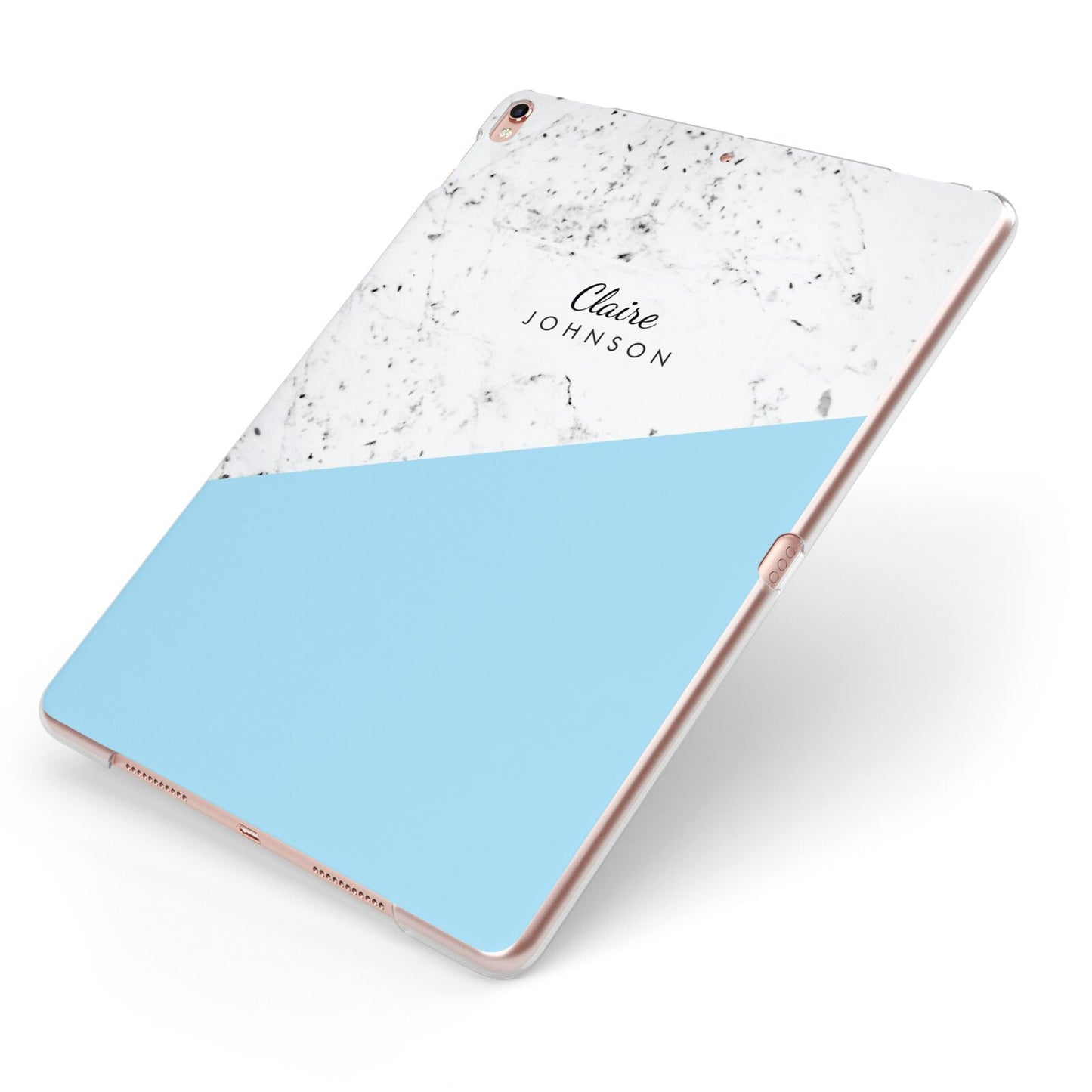 Personalised Blue Marble With Name Initials Apple iPad Case on Rose Gold iPad Side View