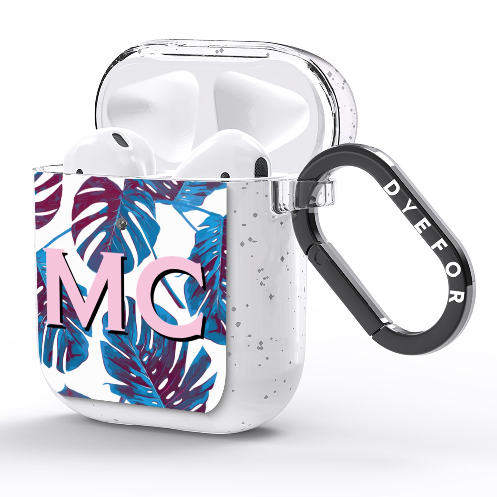 Personalised Blue Monstera Leaves AirPods Glitter Case Side Image