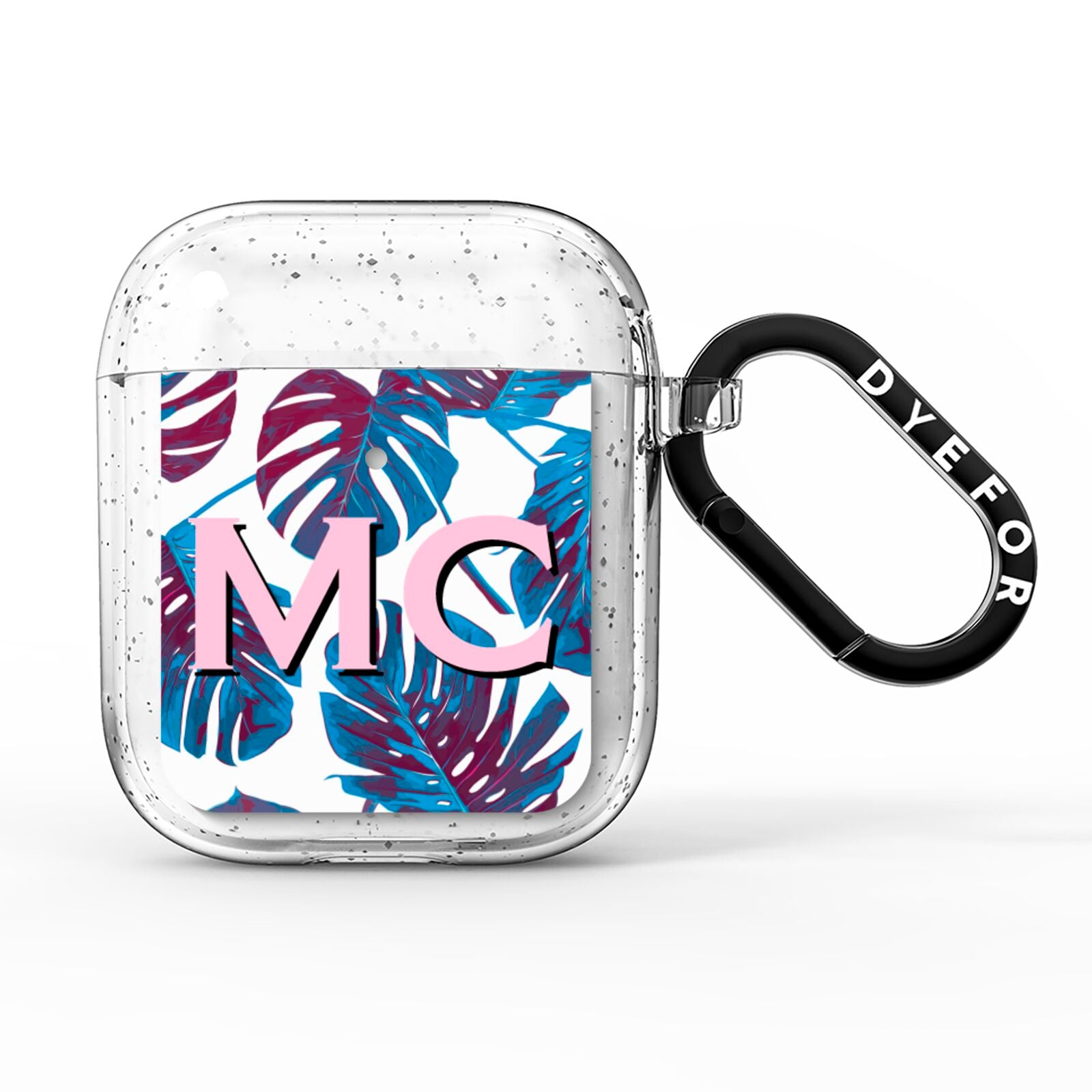 Personalised Blue Monstera Leaves AirPods Glitter Case