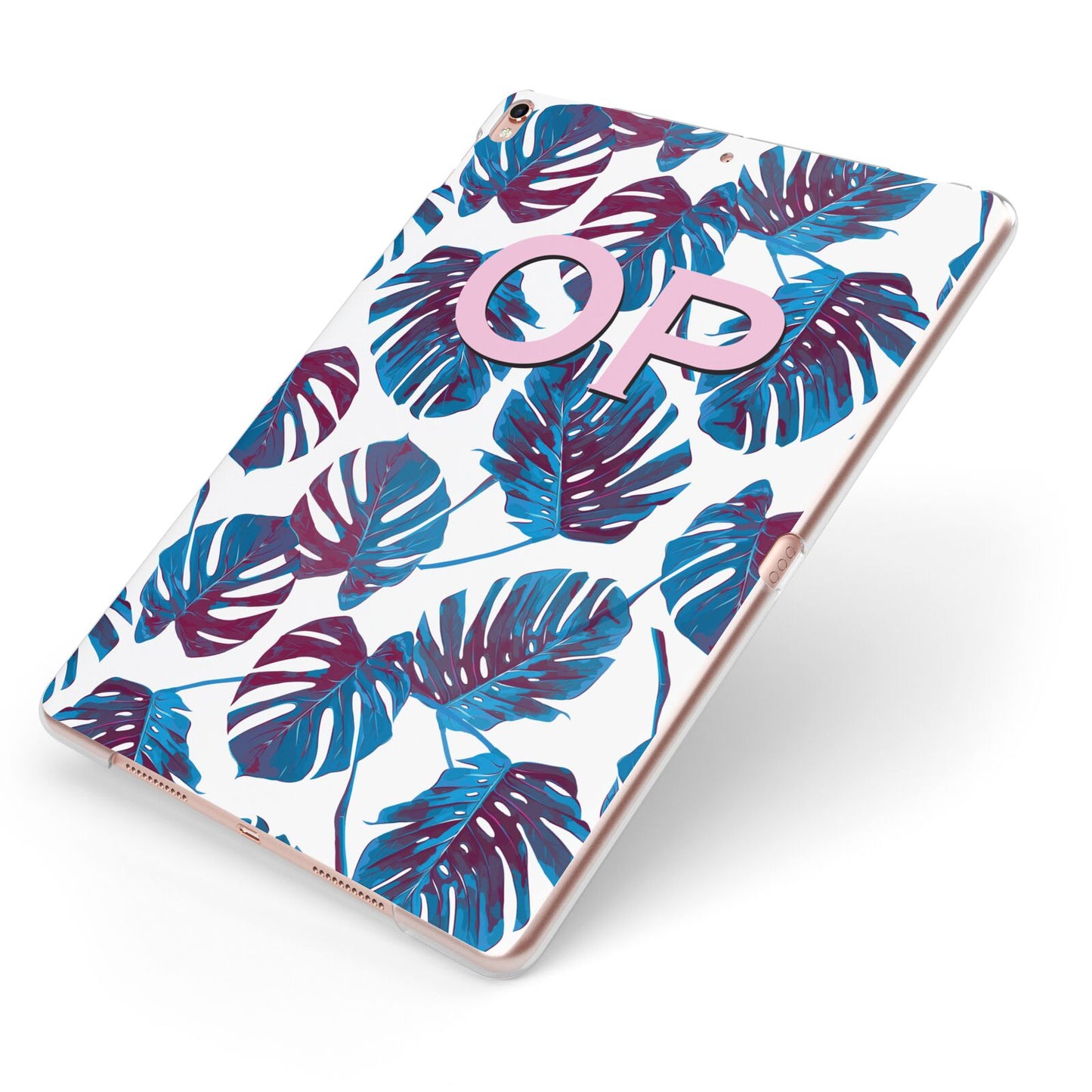 Personalised Blue Monstera Leaves Apple iPad Case on Rose Gold iPad Side View