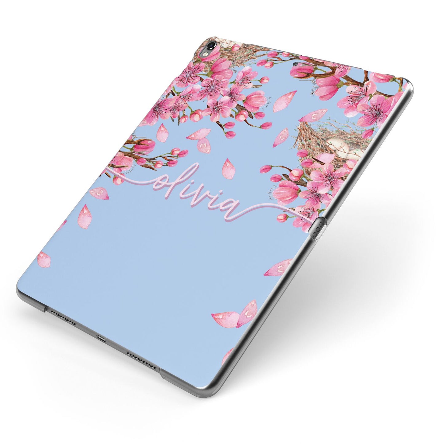 Personalised Blue Pink Blossom Apple iPad Case on Grey iPad Side View
