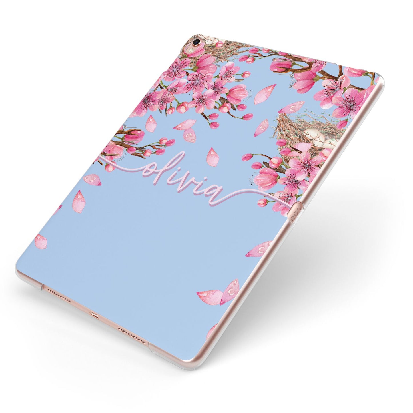 Personalised Blue Pink Blossom Apple iPad Case on Rose Gold iPad Side View