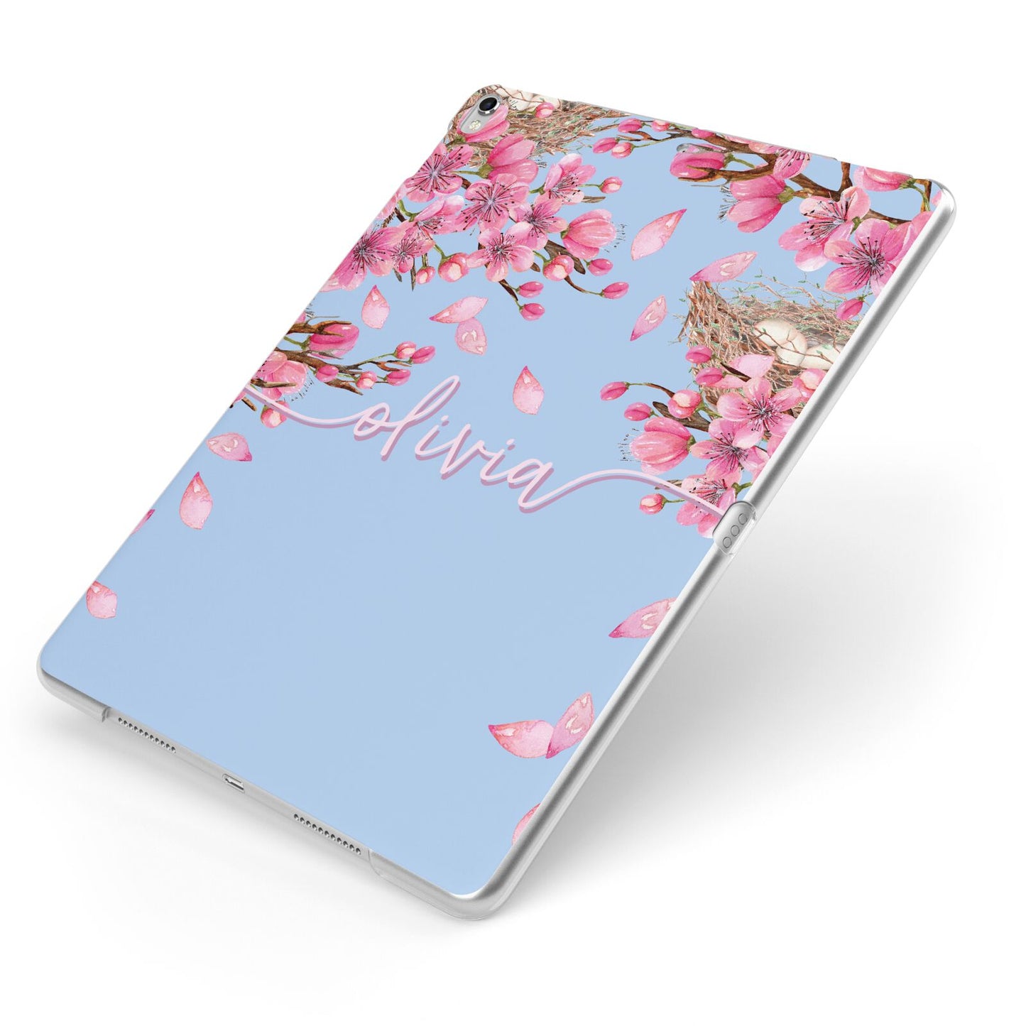Personalised Blue Pink Blossom Apple iPad Case on Silver iPad Side View