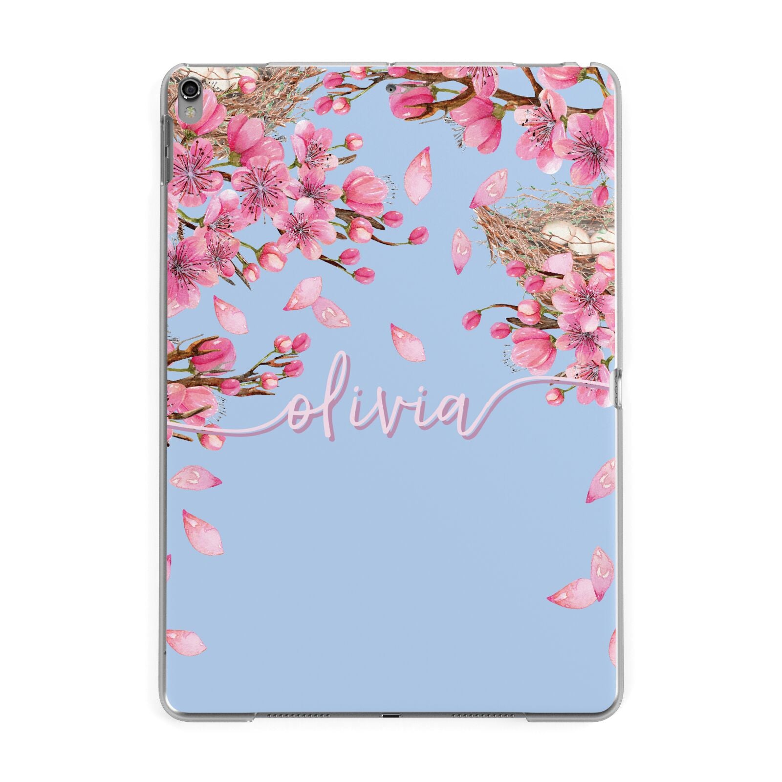 Personalised Blue Pink Blossom Apple iPad Grey Case