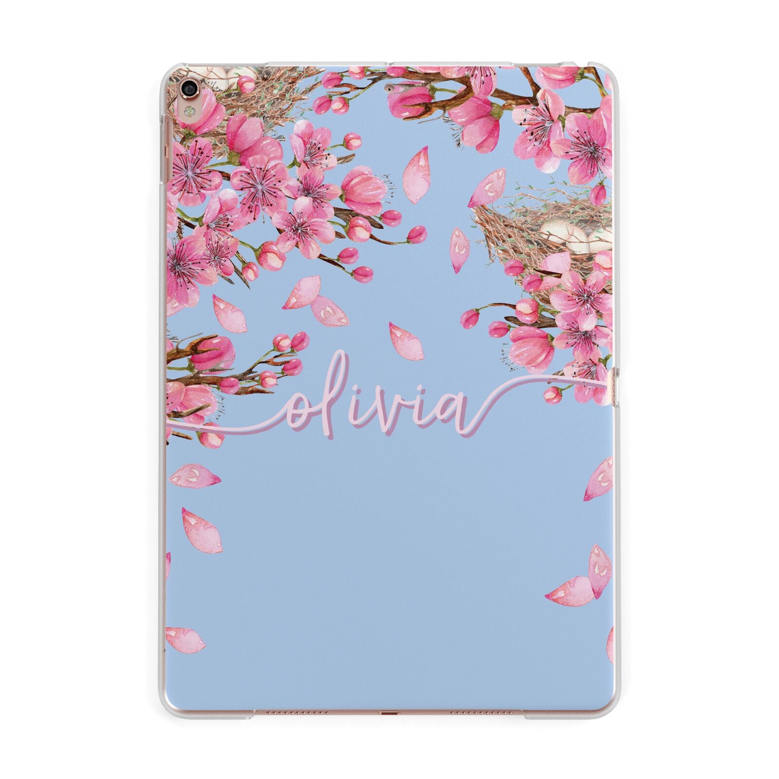 Personalised Blue Pink Blossom Apple iPad Rose Gold Case