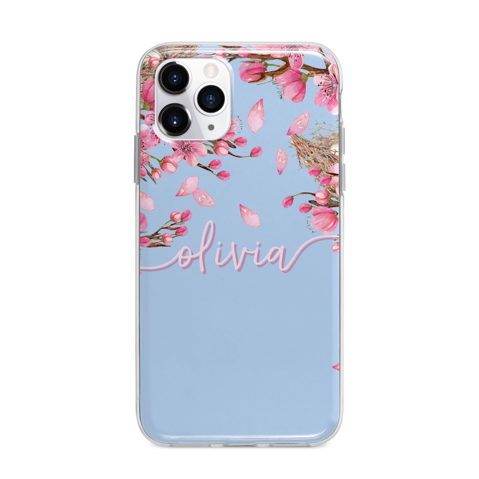 Personalised Blue Pink Blossom Apple iPhone 11 Pro Max in Silver with Bumper Case