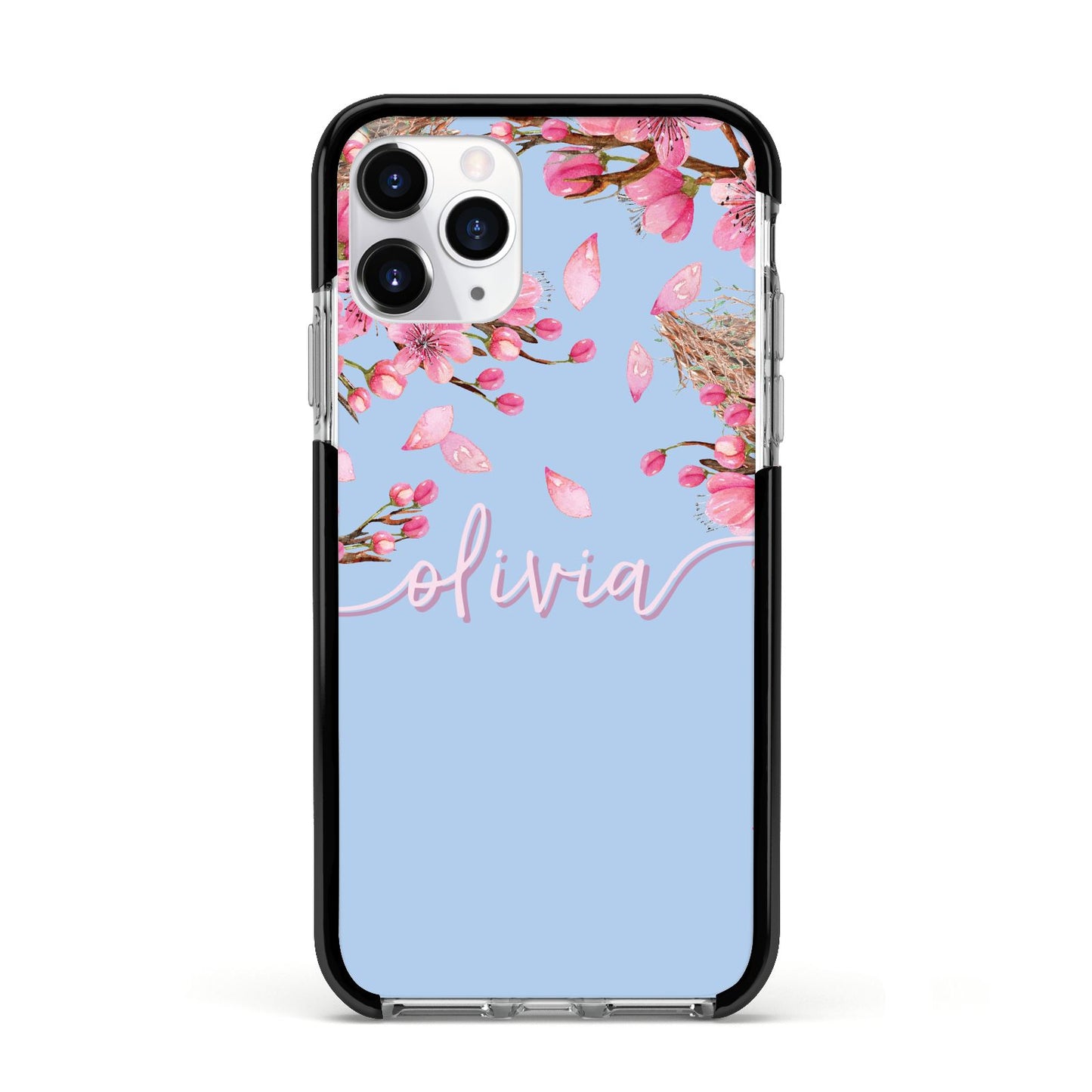 Personalised Blue Pink Blossom Apple iPhone 11 Pro in Silver with Black Impact Case