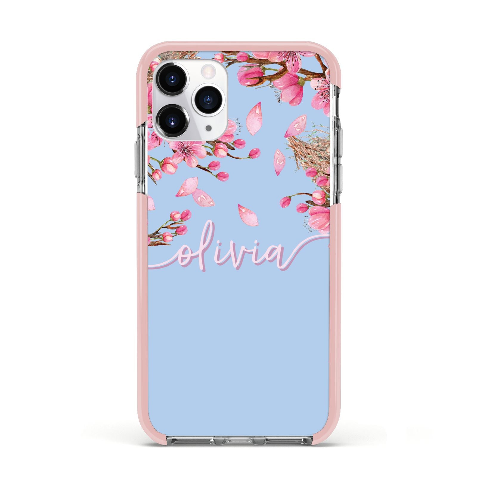 Personalised Blue Pink Blossom Apple iPhone 11 Pro in Silver with Pink Impact Case