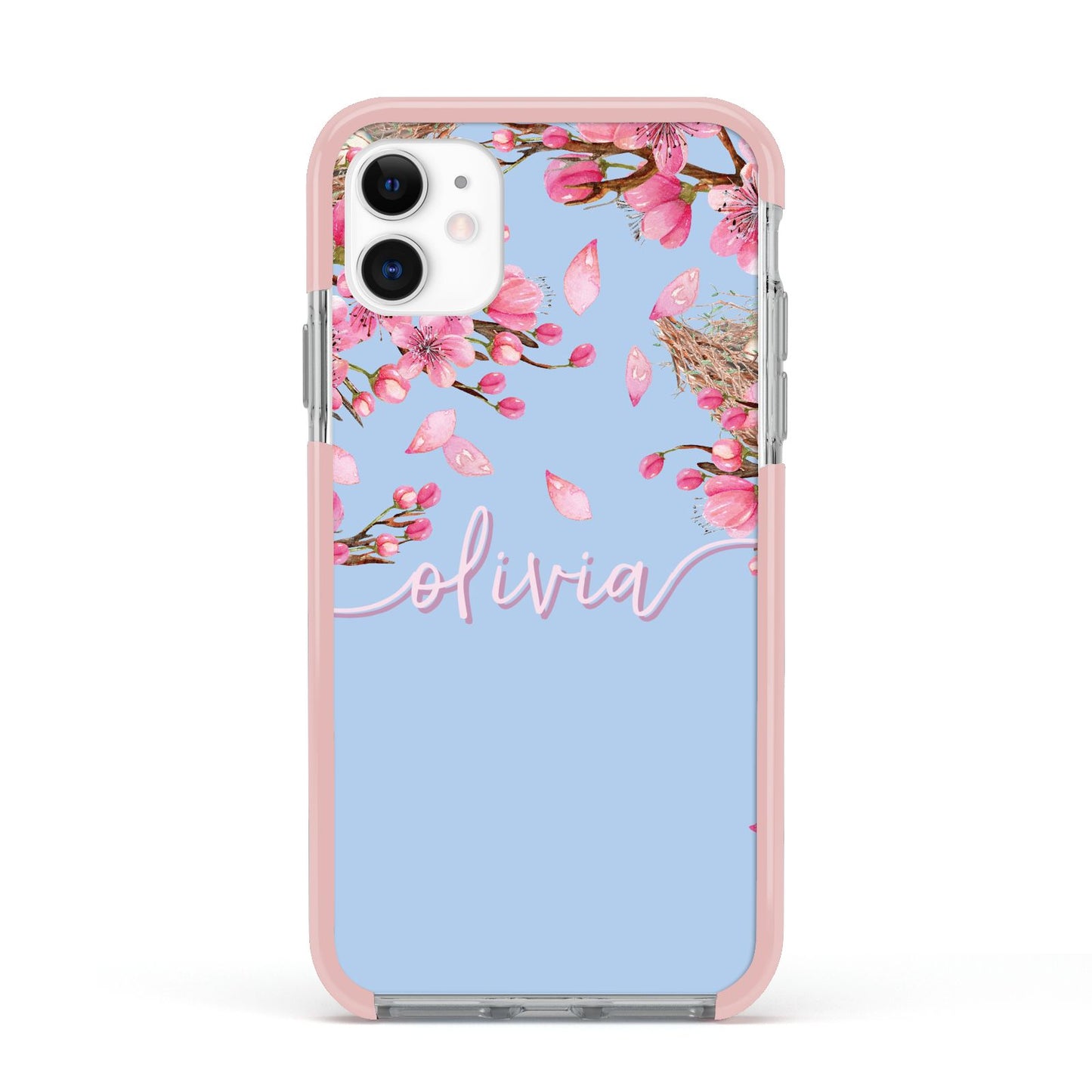 Personalised Blue Pink Blossom Apple iPhone 11 in White with Pink Impact Case
