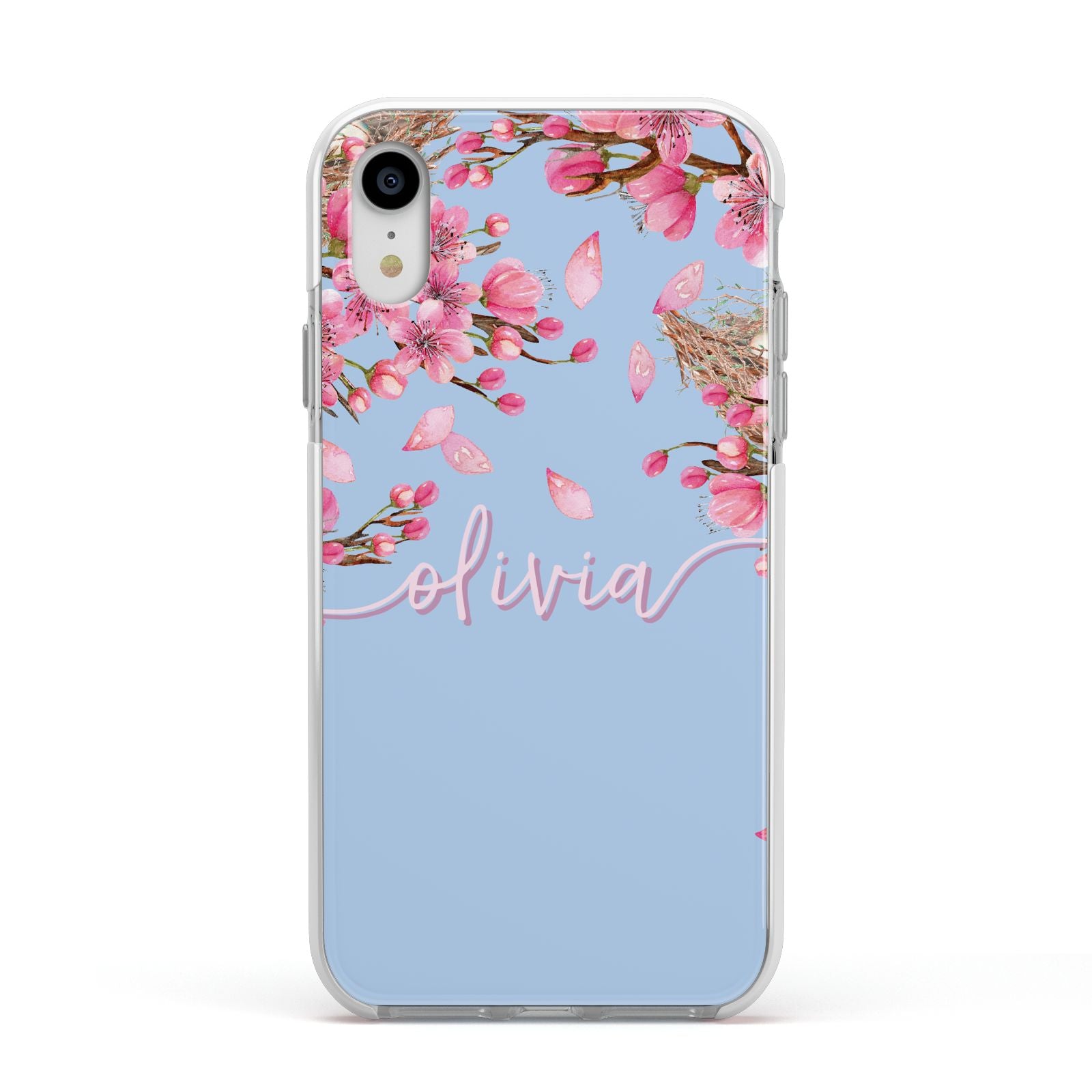 Personalised Blue Pink Blossom Apple iPhone XR Impact Case White Edge on Silver Phone