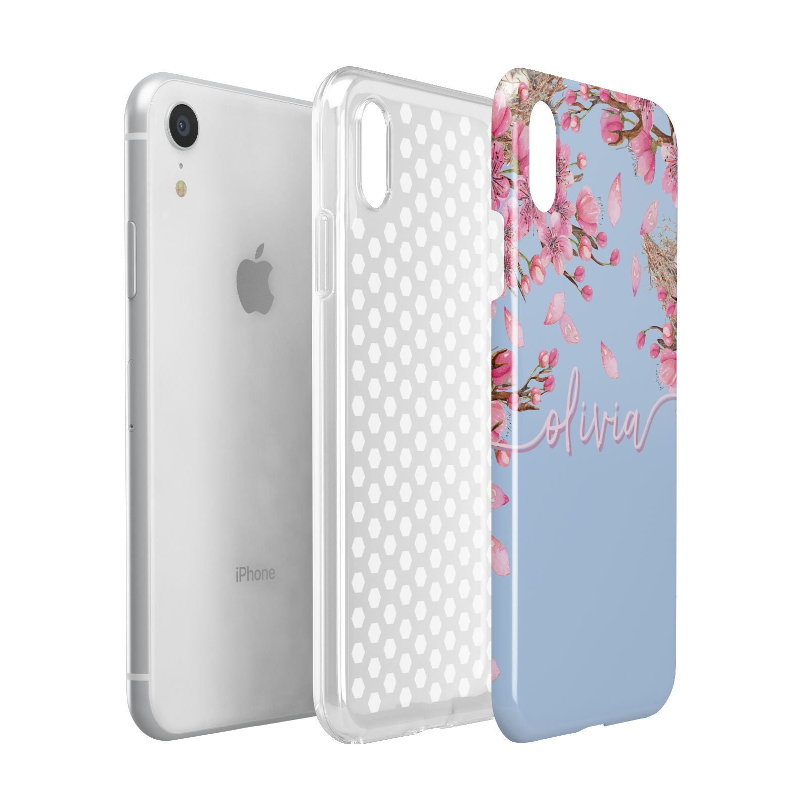 Personalised Blue Pink Blossom Apple iPhone XR White 3D Tough Case Expanded view