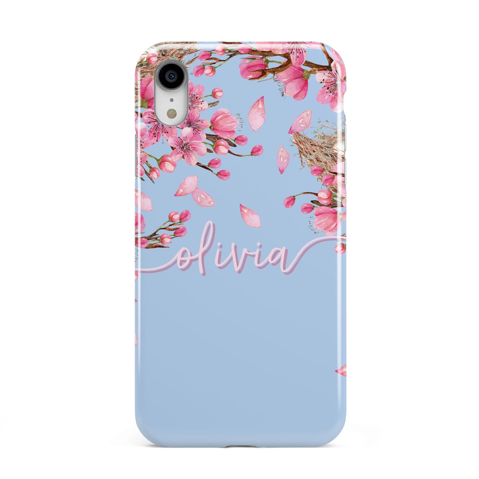 Personalised Blue Pink Blossom Apple iPhone XR White 3D Tough Case