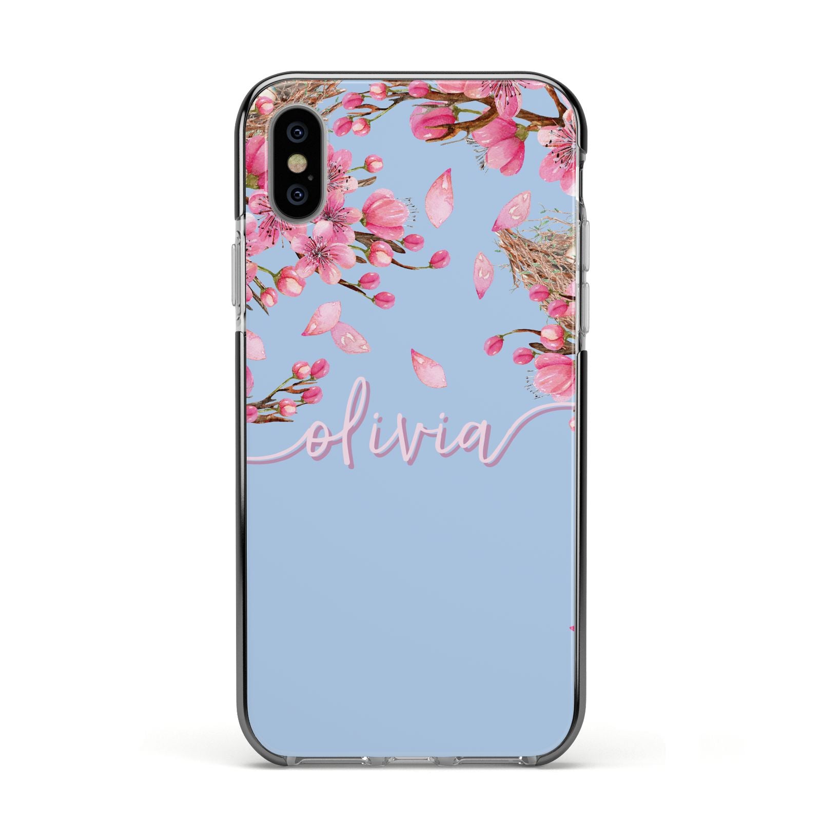Personalised Blue Pink Blossom Apple iPhone Xs Impact Case Black Edge on Silver Phone