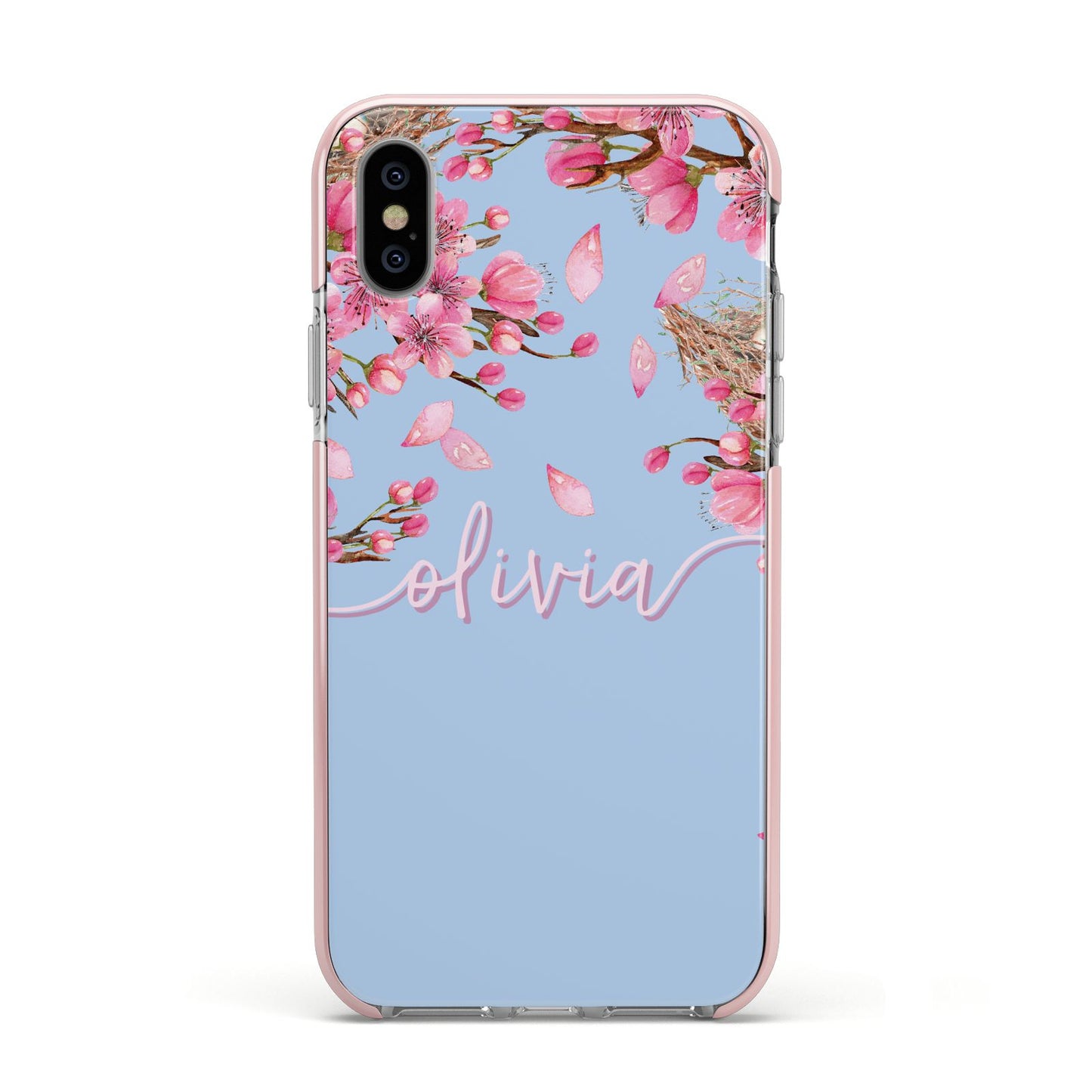 Personalised Blue Pink Blossom Apple iPhone Xs Impact Case Pink Edge on Silver Phone