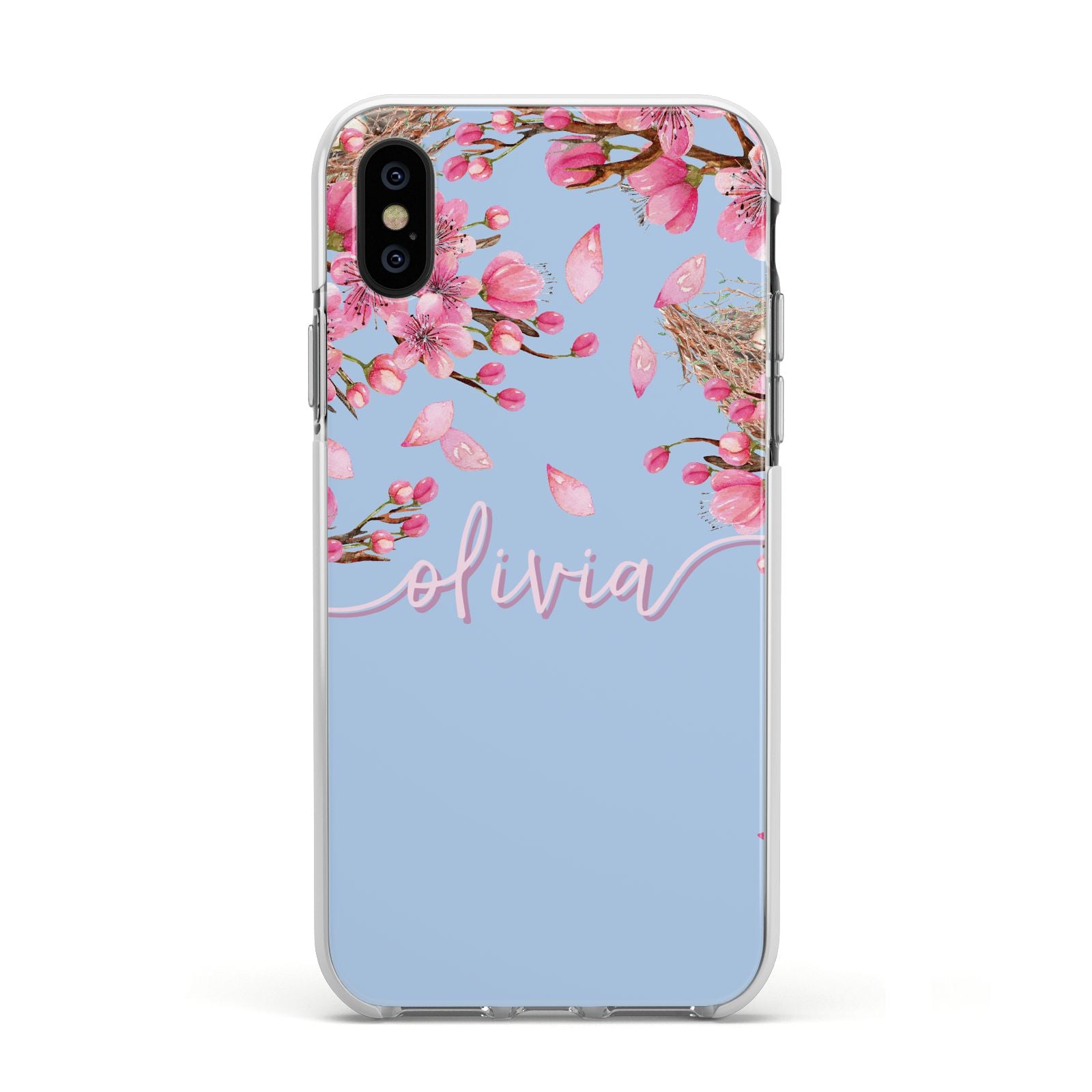 Personalised Blue Pink Blossom Apple iPhone Xs Impact Case White Edge on Black Phone