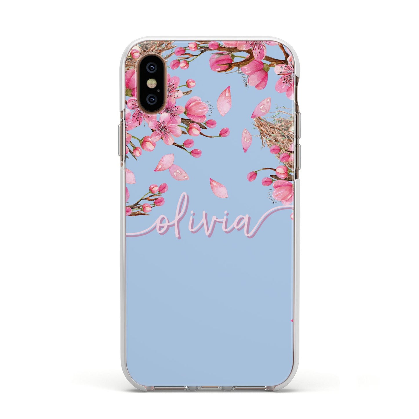 Personalised Blue Pink Blossom Apple iPhone Xs Impact Case White Edge on Gold Phone