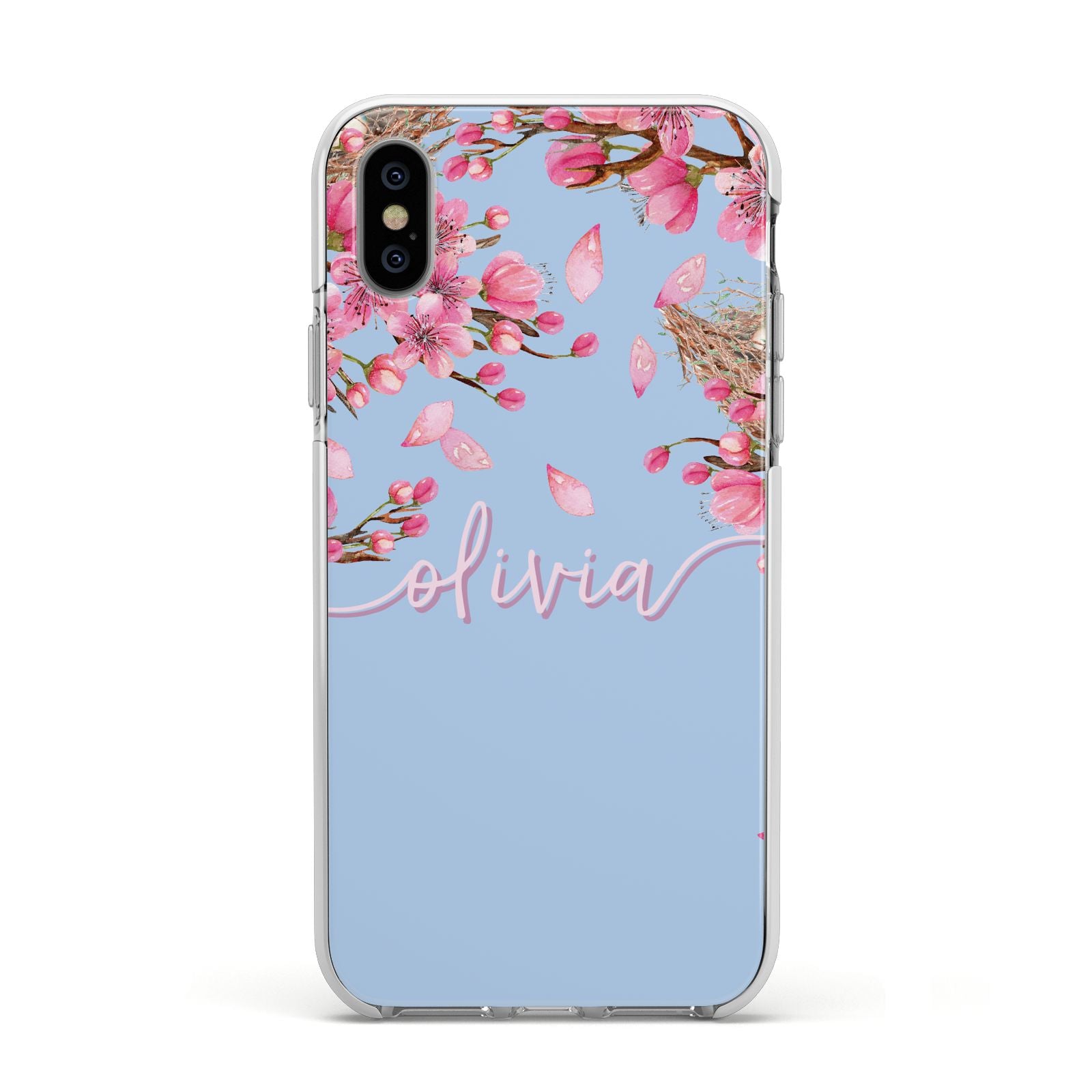 Personalised Blue Pink Blossom Apple iPhone Xs Impact Case White Edge on Silver Phone