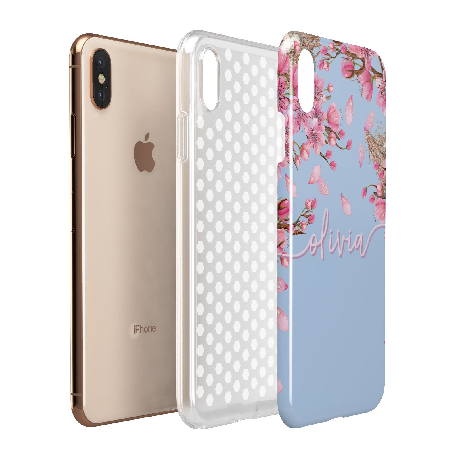 Personalised Blue Pink Blossom Apple iPhone Xs Max 3D Tough Case Expanded View