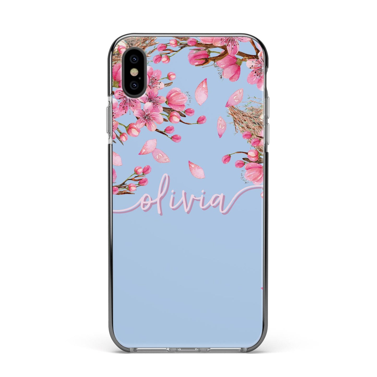 Personalised Blue Pink Blossom Apple iPhone Xs Max Impact Case Black Edge on Black Phone