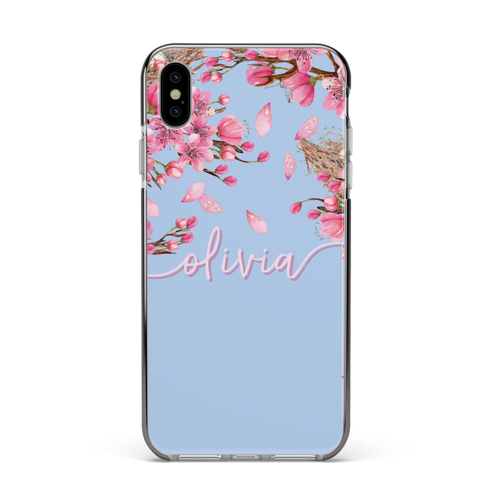 Personalised Blue Pink Blossom Apple iPhone Xs Max Impact Case Black Edge on Silver Phone