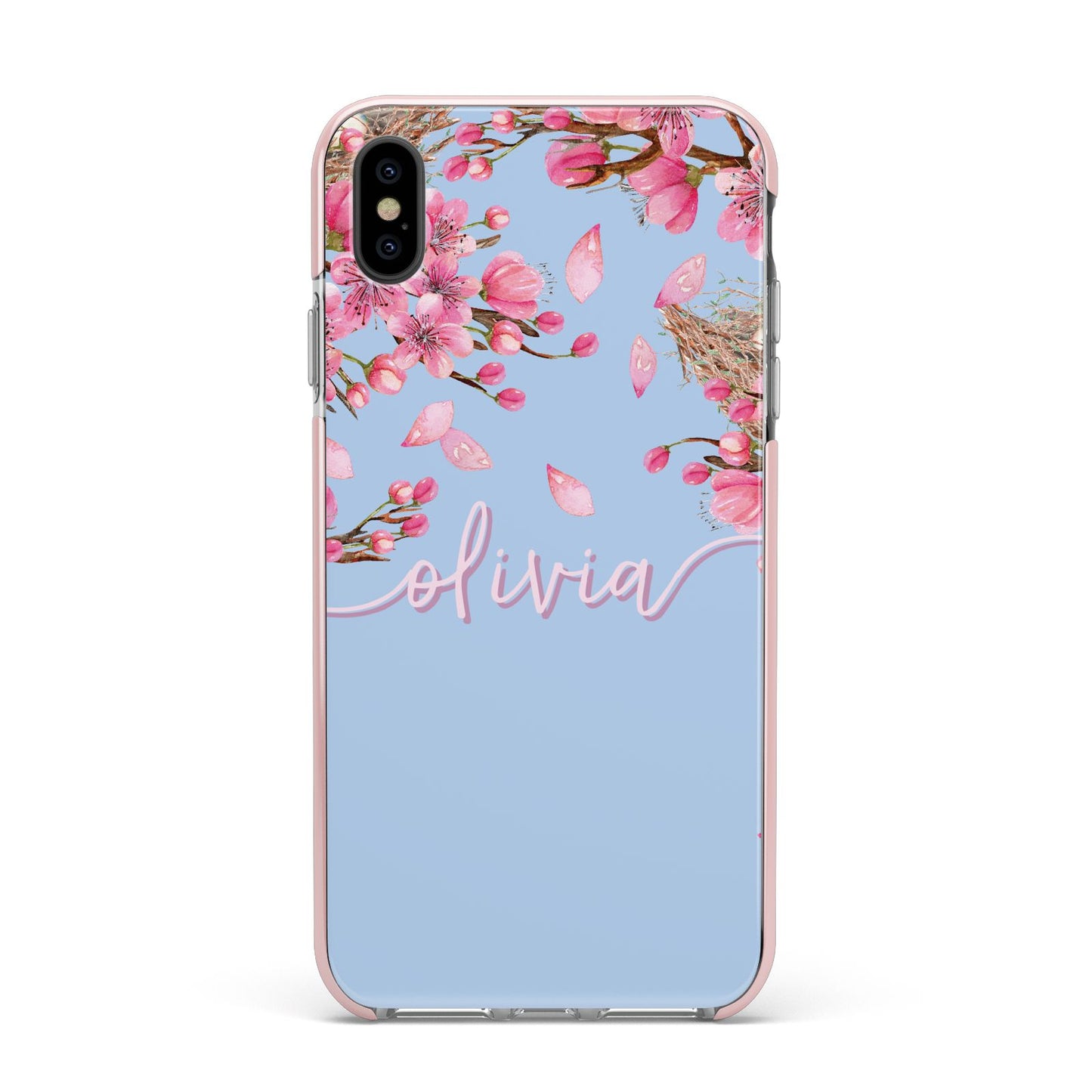 Personalised Blue Pink Blossom Apple iPhone Xs Max Impact Case Pink Edge on Black Phone