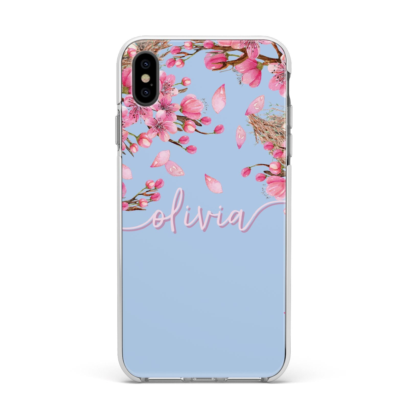 Personalised Blue Pink Blossom Apple iPhone Xs Max Impact Case White Edge on Black Phone