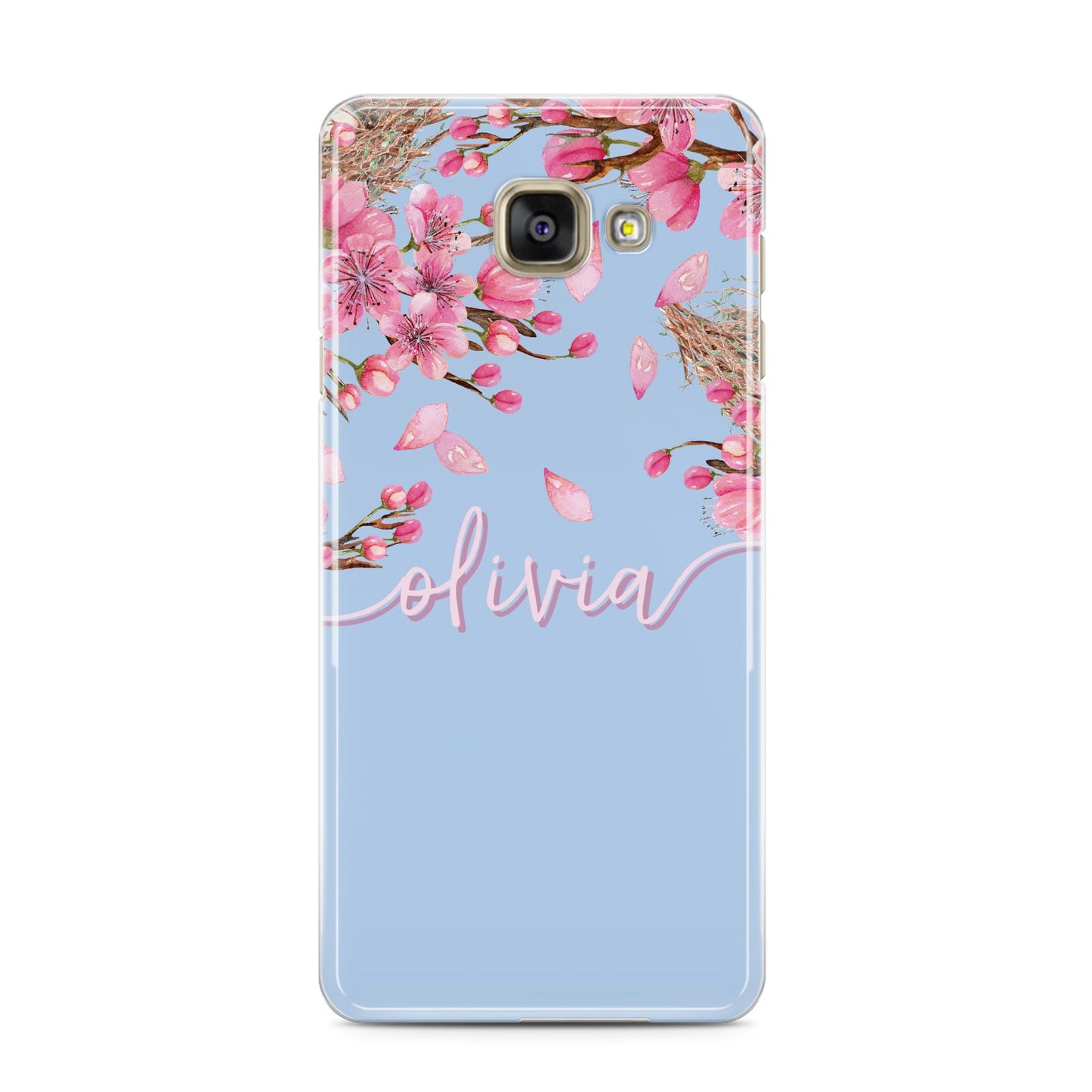 Personalised Blue Pink Blossom Samsung Galaxy A3 2016 Case on gold phone