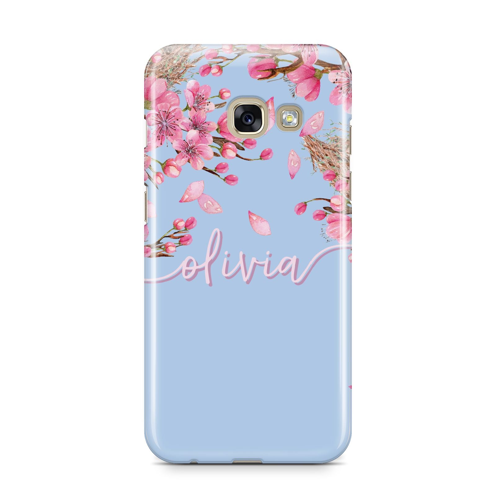 Personalised Blue Pink Blossom Samsung Galaxy A3 2017 Case on gold phone