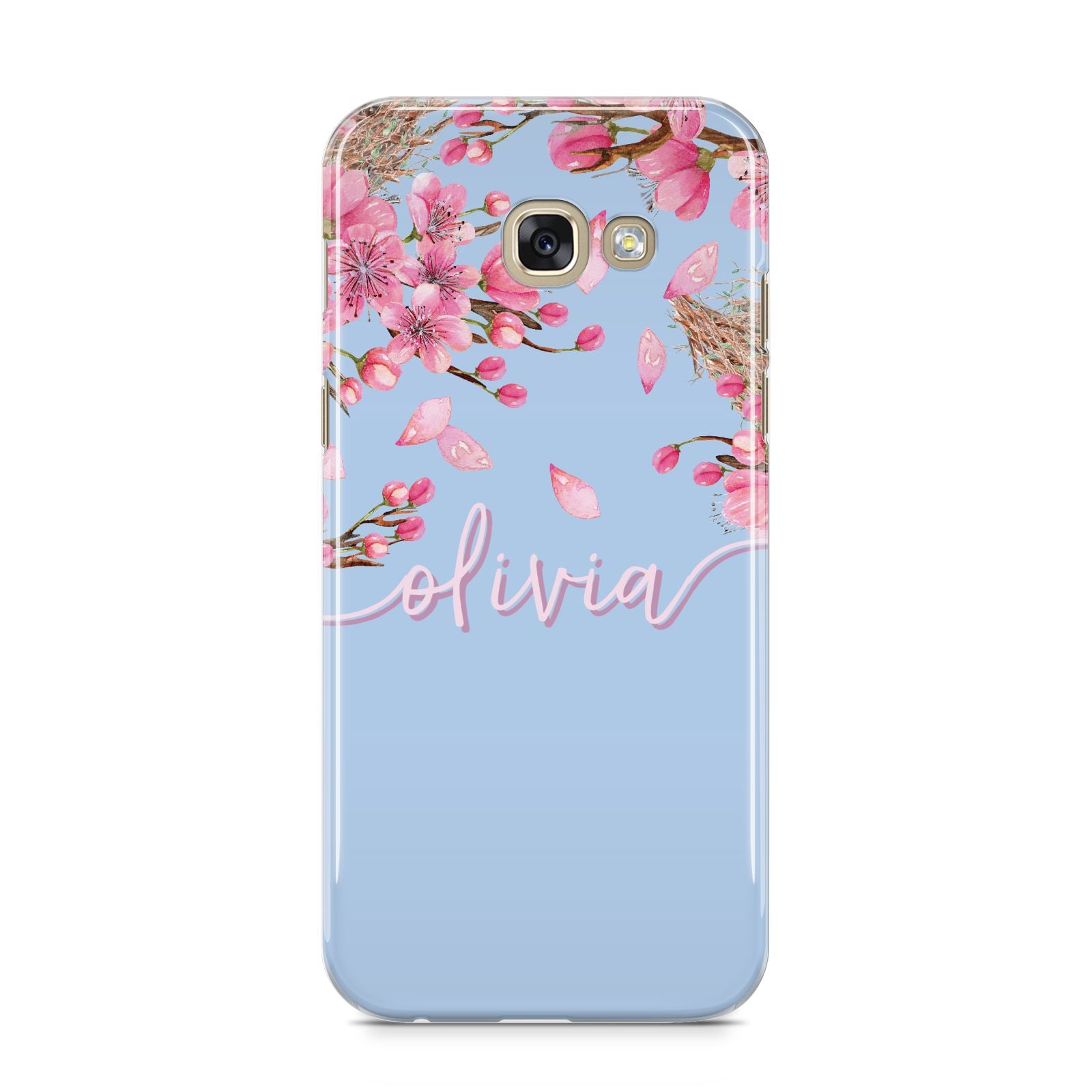 Personalised Blue Pink Blossom Samsung Galaxy A5 2017 Case on gold phone