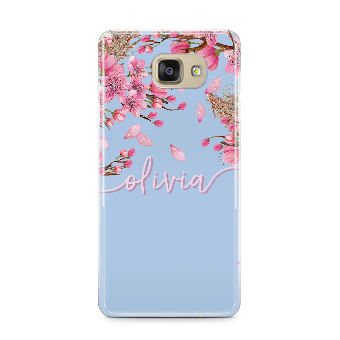 Personalised Blue Pink Blossom Samsung Galaxy A9 2016 Case on gold phone