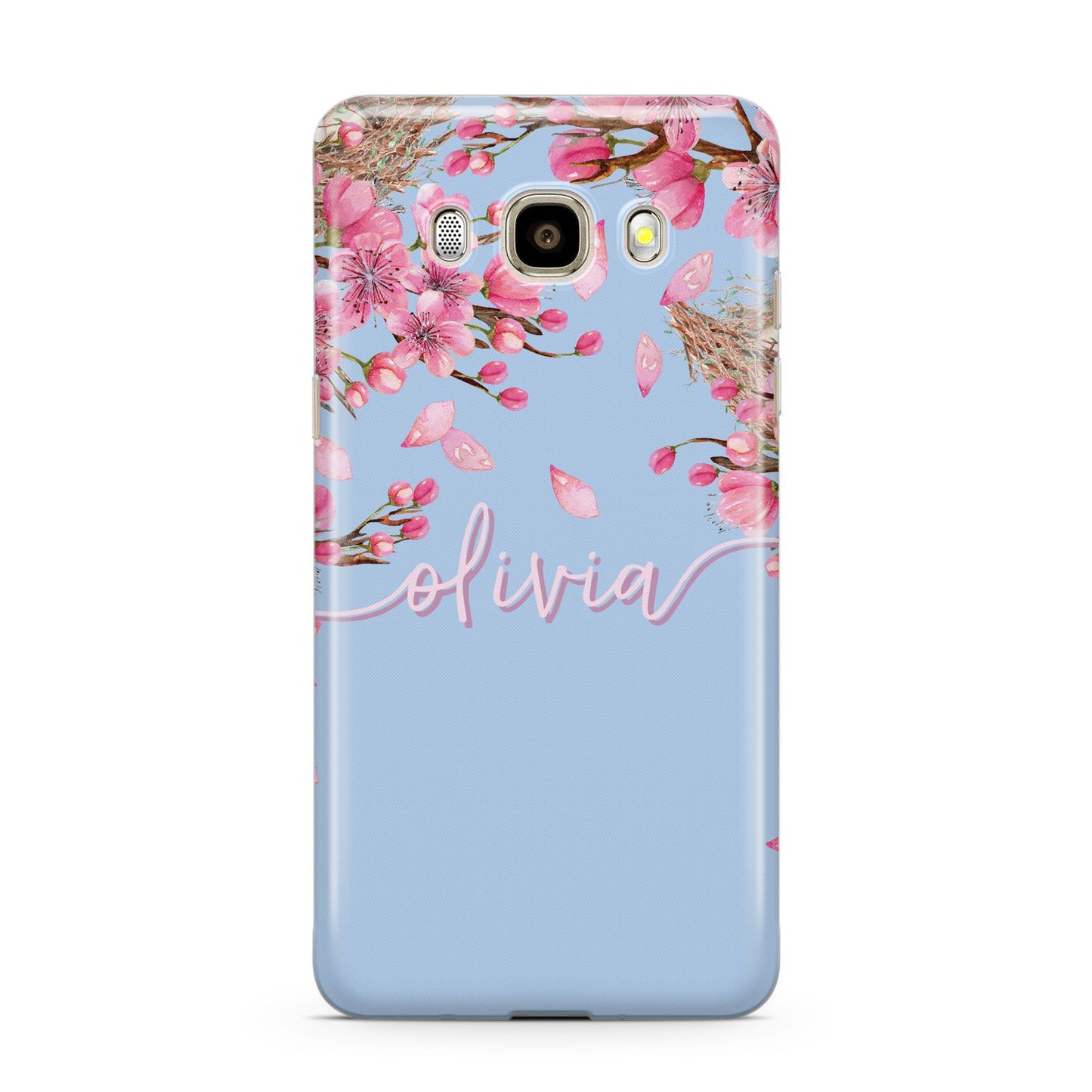 Personalised Blue Pink Blossom Samsung Galaxy J7 2016 Case on gold phone