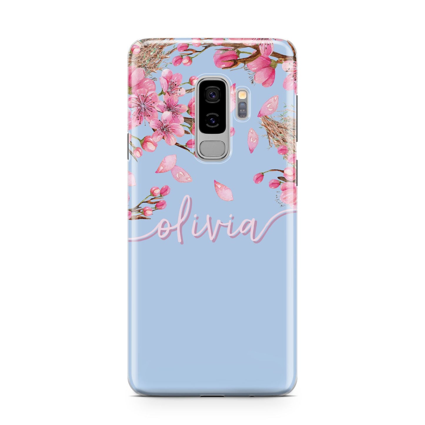Personalised Blue Pink Blossom Samsung Galaxy S9 Plus Case on Silver phone