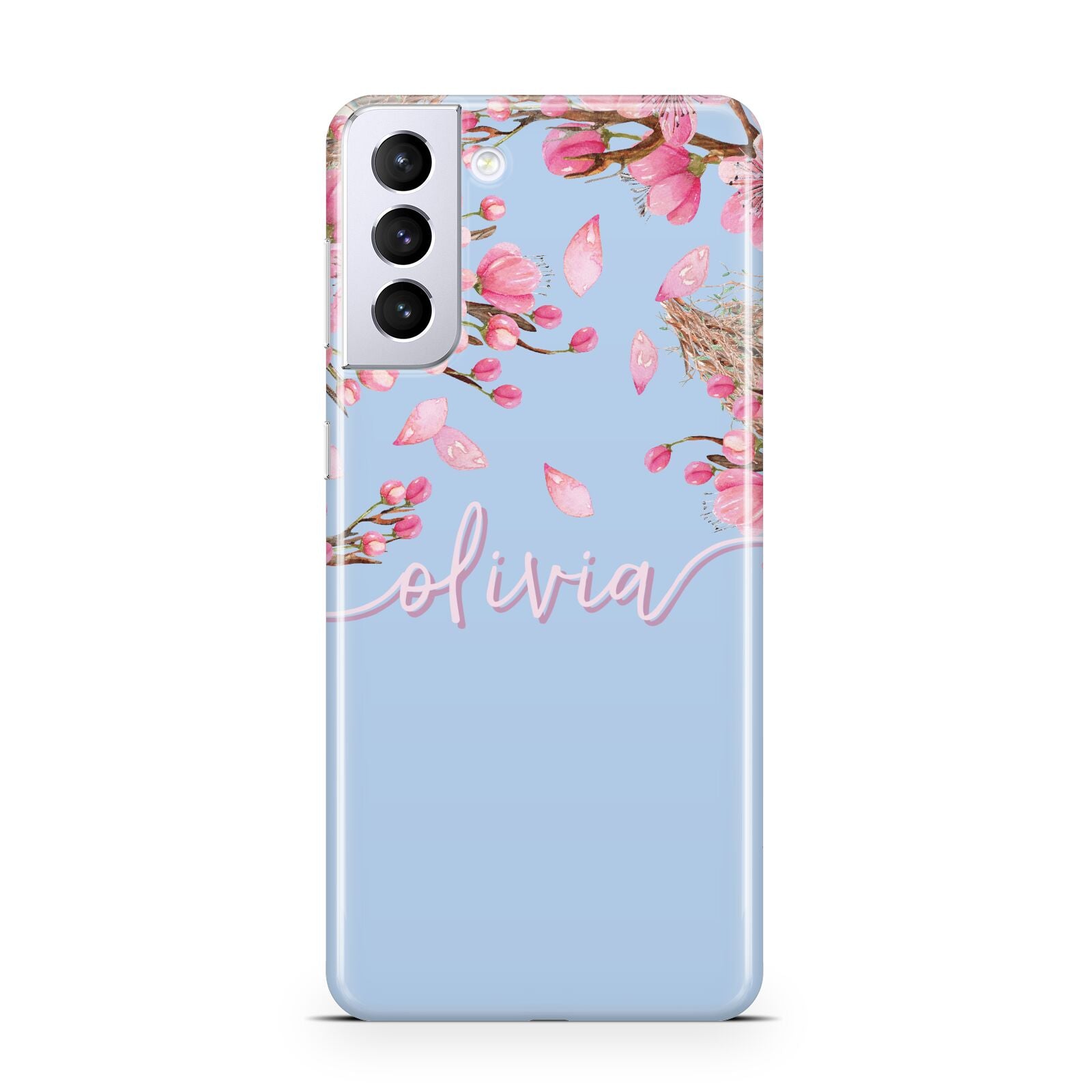 Personalised Blue Pink Blossom Samsung S21 Plus Phone Case