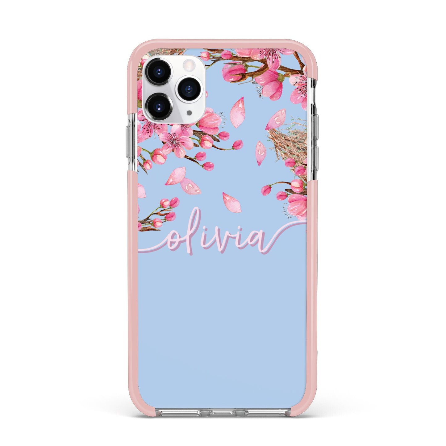 Personalised Blue Pink Blossom iPhone 11 Pro Max Impact Pink Edge Case