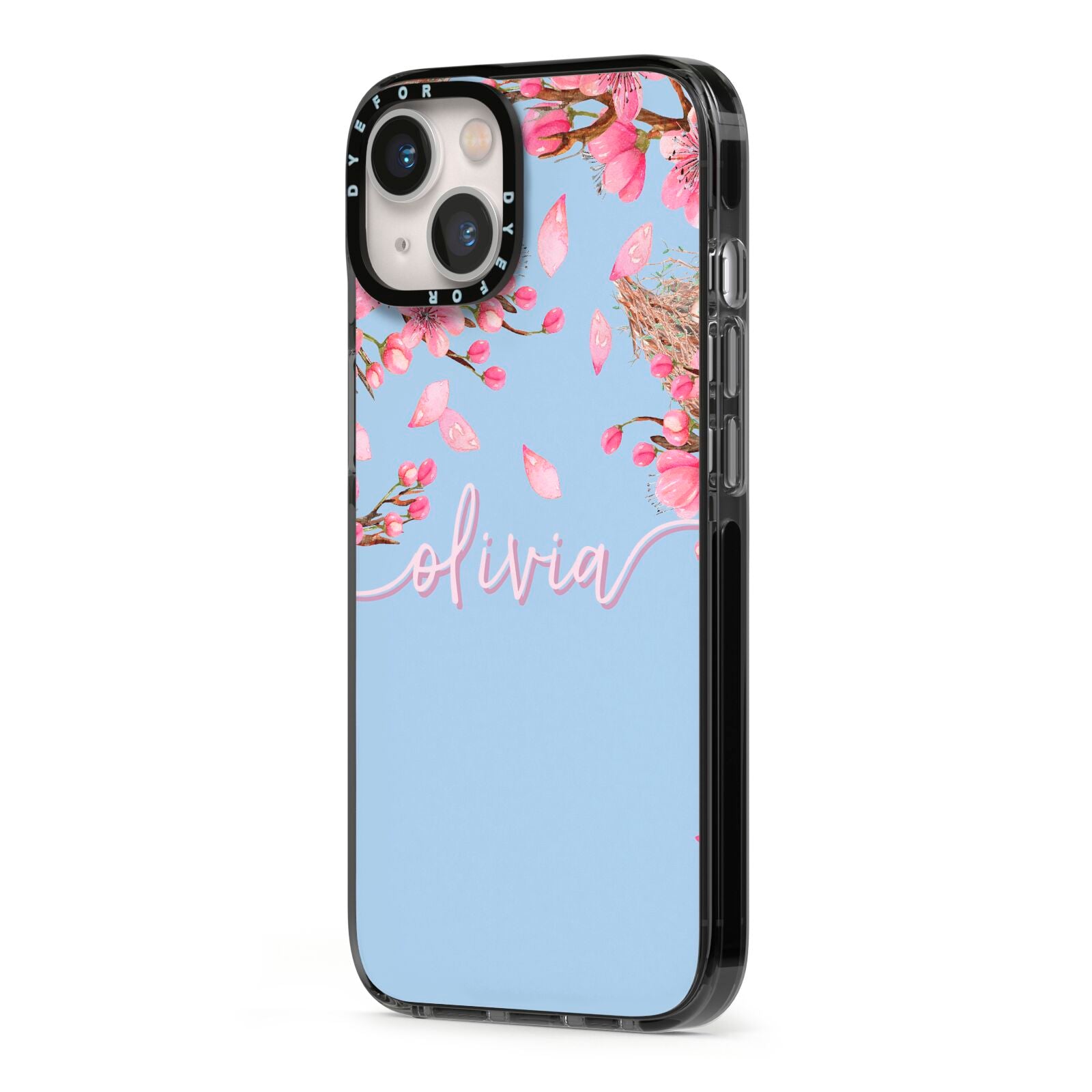 Personalised Blue Pink Blossom iPhone 13 Black Impact Case Side Angle on Silver phone