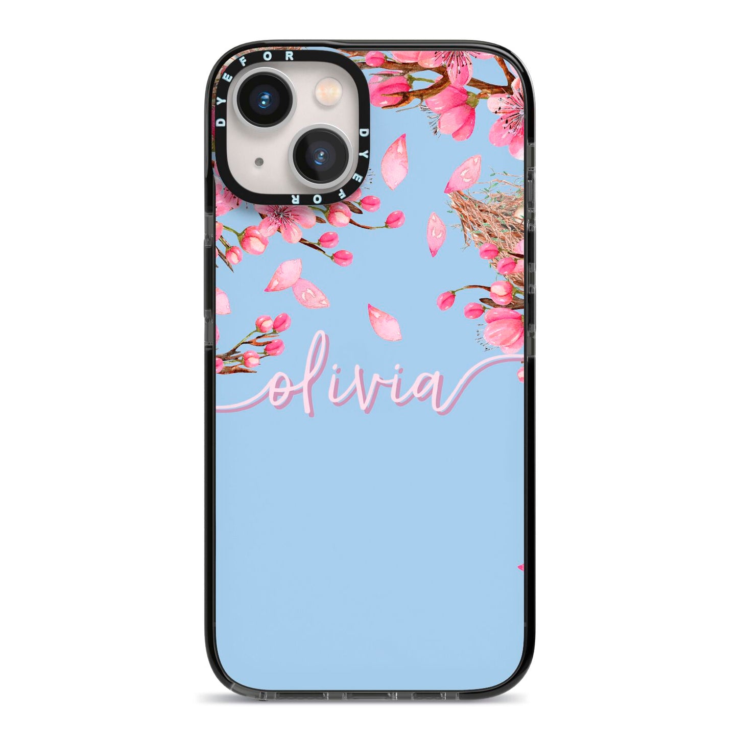 Personalised Blue Pink Blossom iPhone 13 Black Impact Case on Silver phone