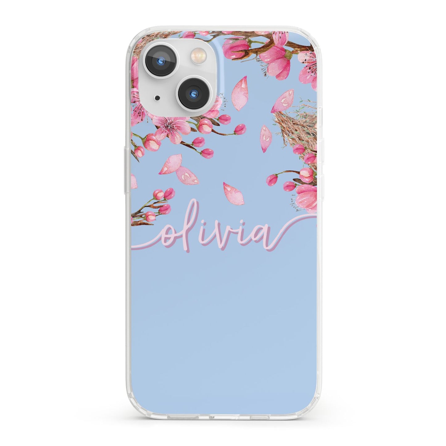 Personalised Blue Pink Blossom iPhone 13 Clear Bumper Case