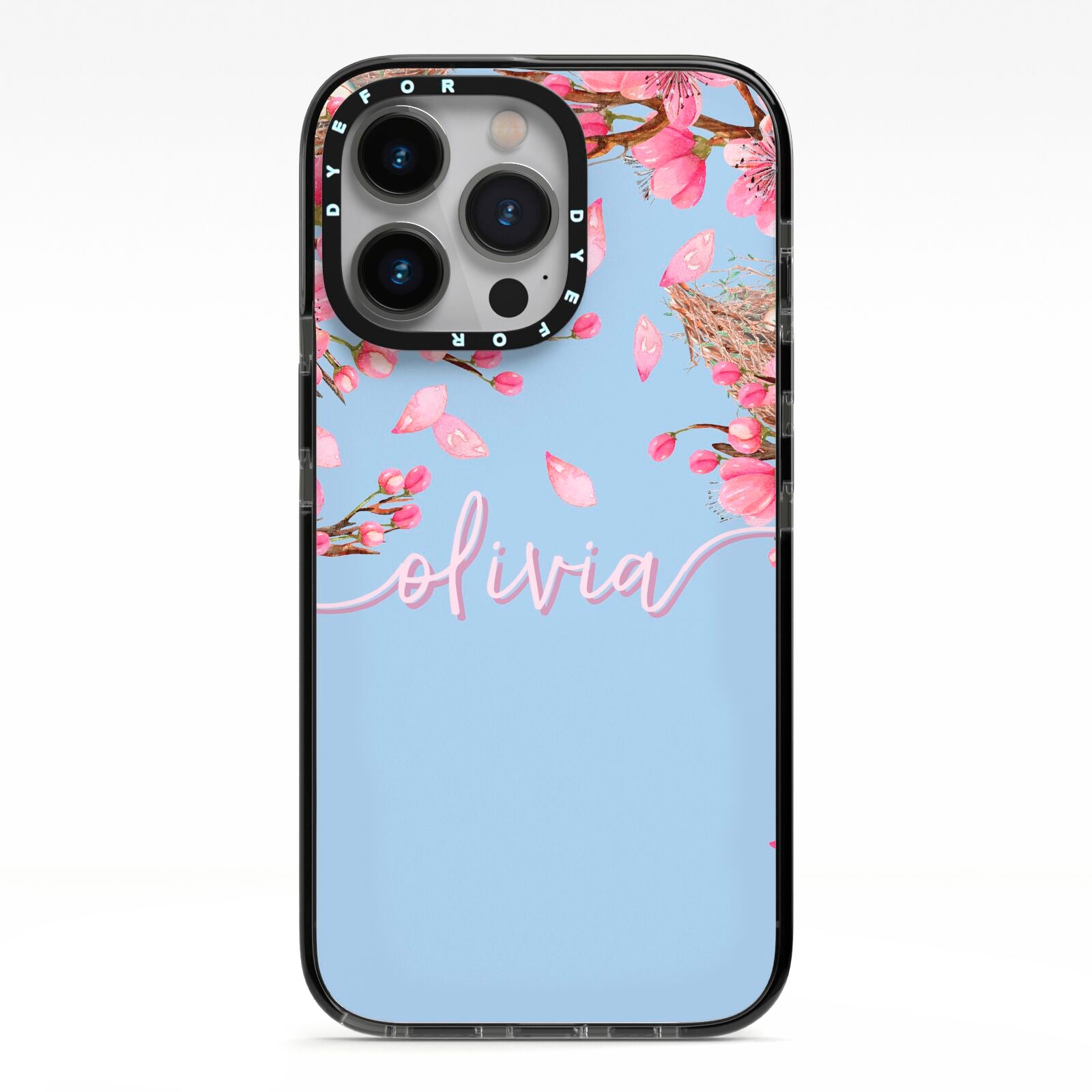 Personalised Blue Pink Blossom iPhone 13 Pro Black Impact Case on Silver phone