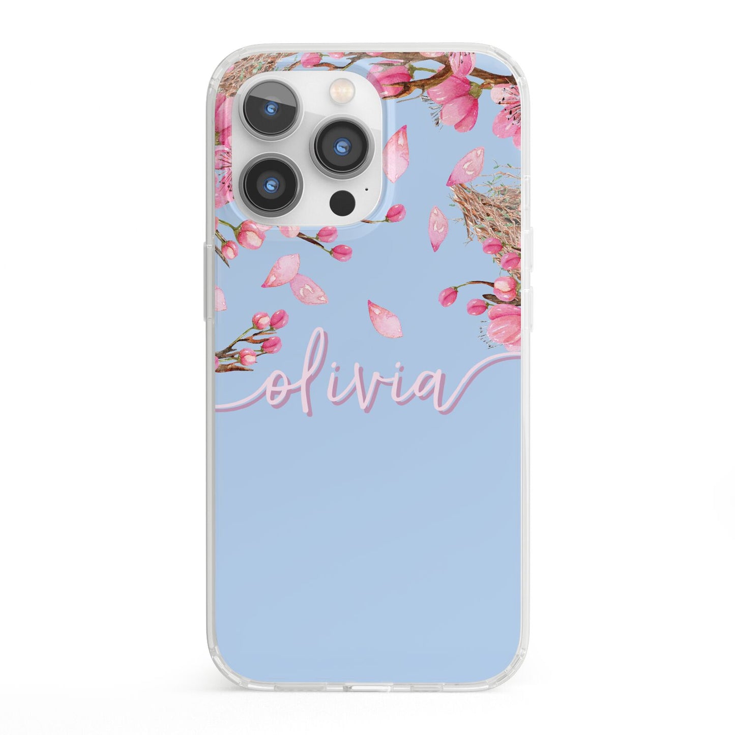 Personalised Blue Pink Blossom iPhone 13 Pro Clear Bumper Case