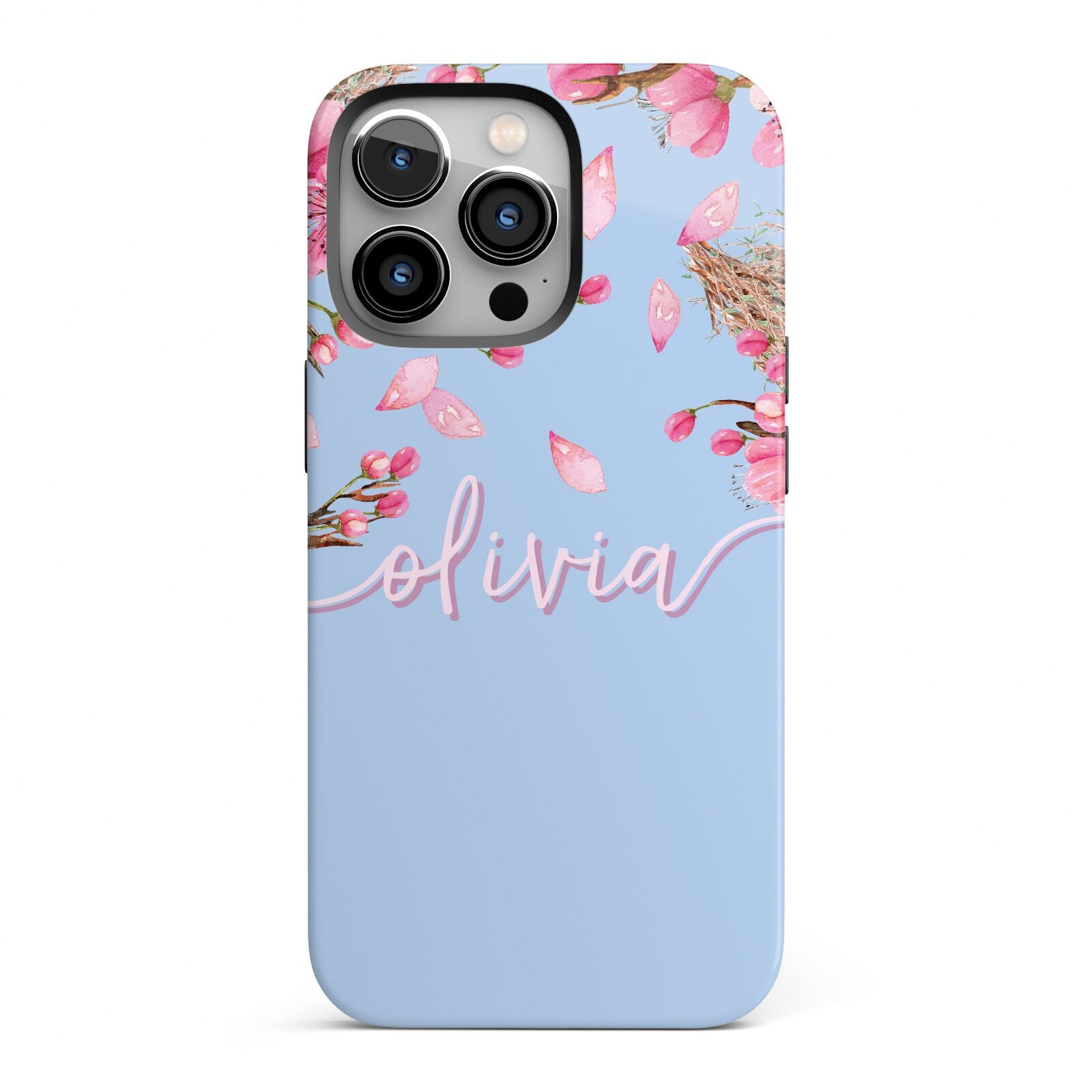 Personalised Blue Pink Blossom iPhone 13 Pro Full Wrap 3D Tough Case