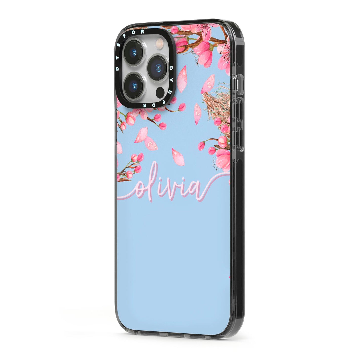 Personalised Blue Pink Blossom iPhone 13 Pro Max Black Impact Case Side Angle on Silver phone