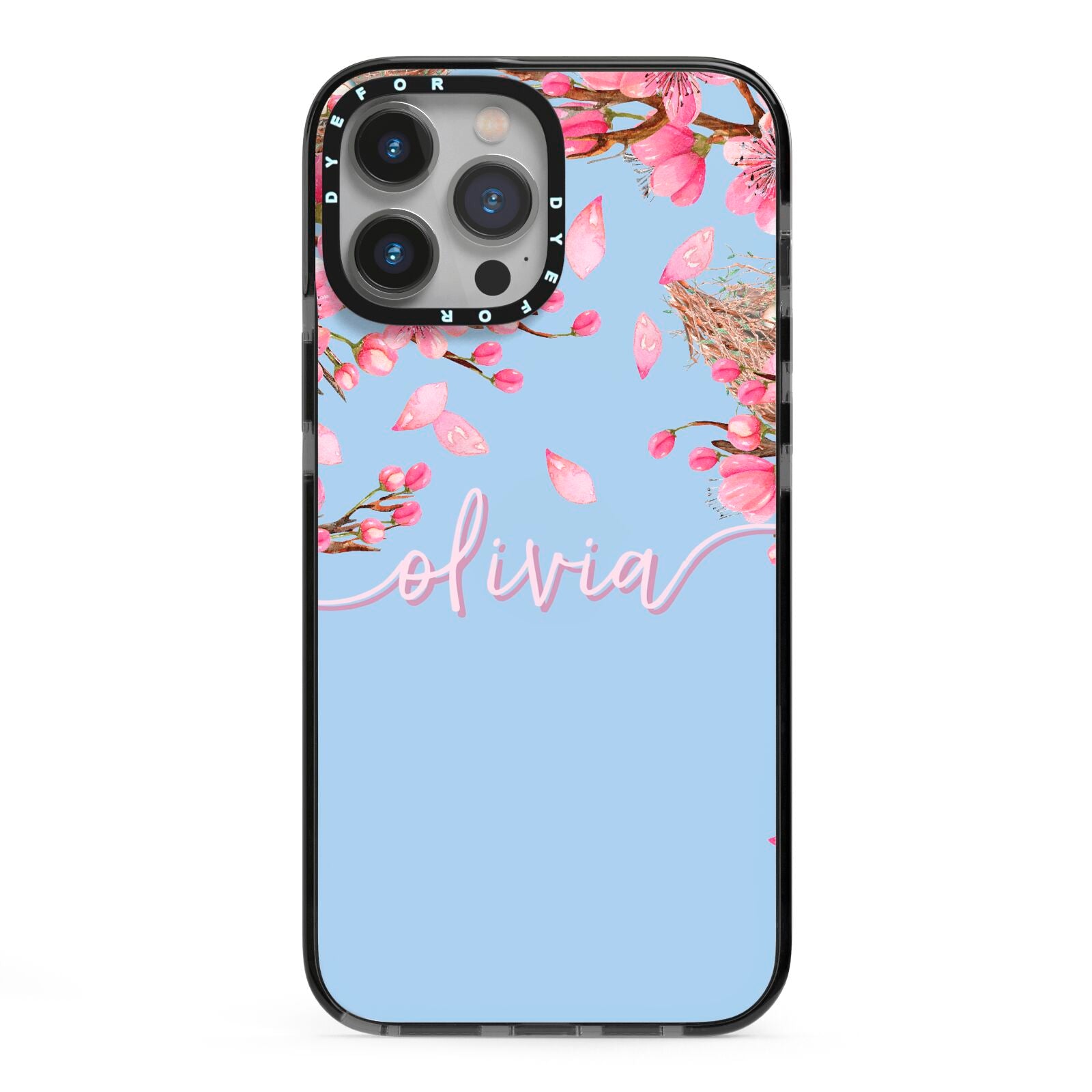 Personalised Blue Pink Blossom iPhone 13 Pro Max Black Impact Case on Silver phone