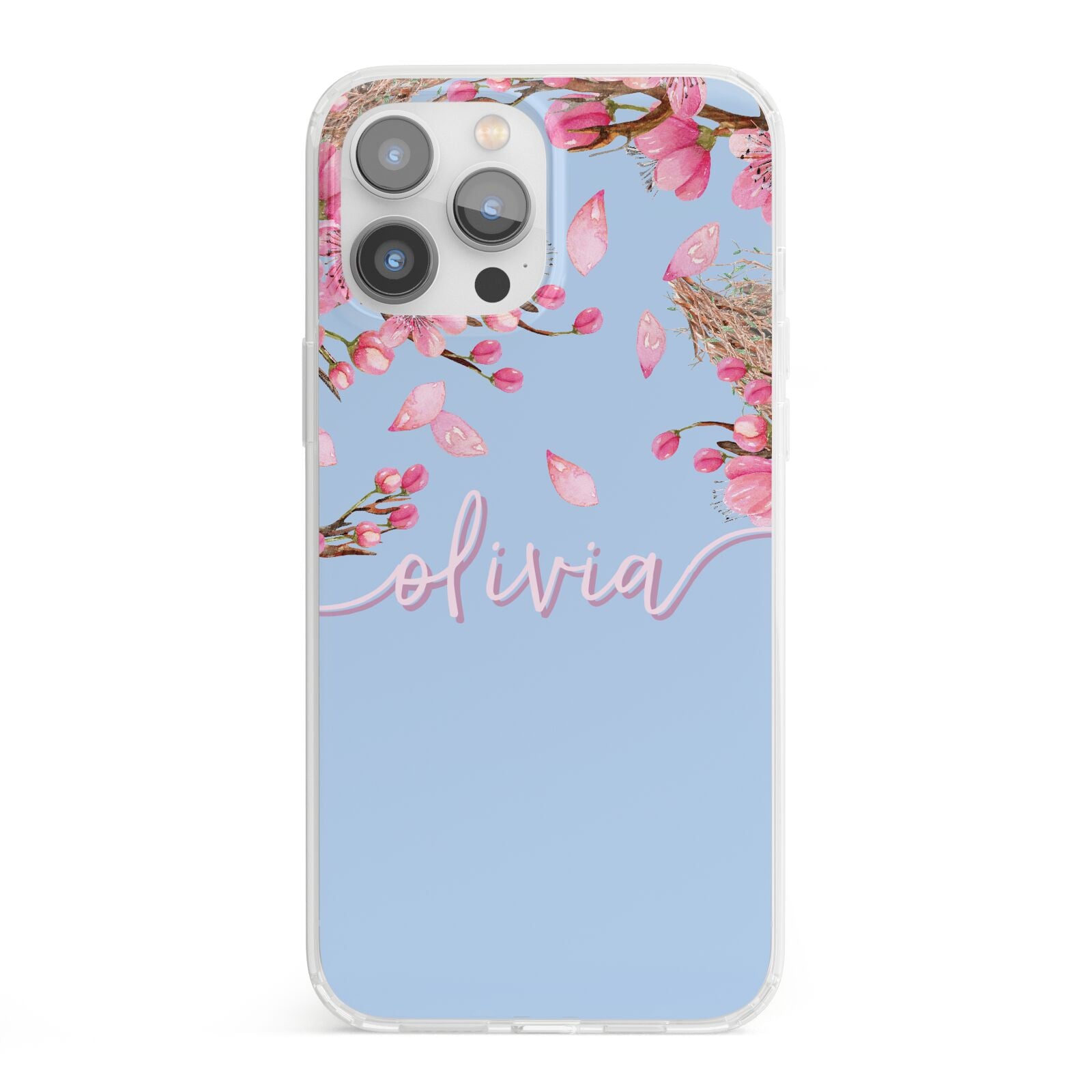 Personalised Blue Pink Blossom iPhone 13 Pro Max Clear Bumper Case