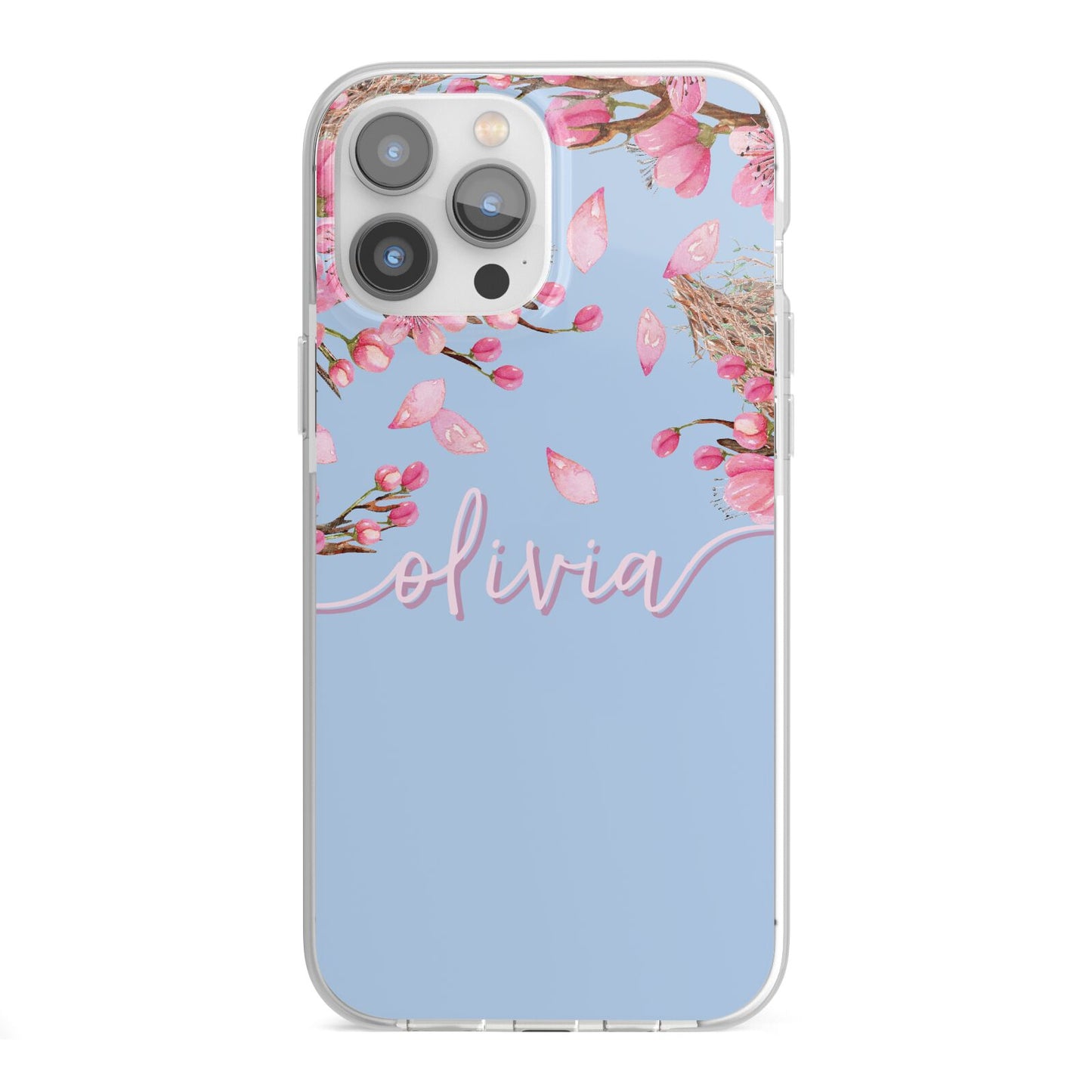 Personalised Blue Pink Blossom iPhone 13 Pro Max TPU Impact Case with White Edges