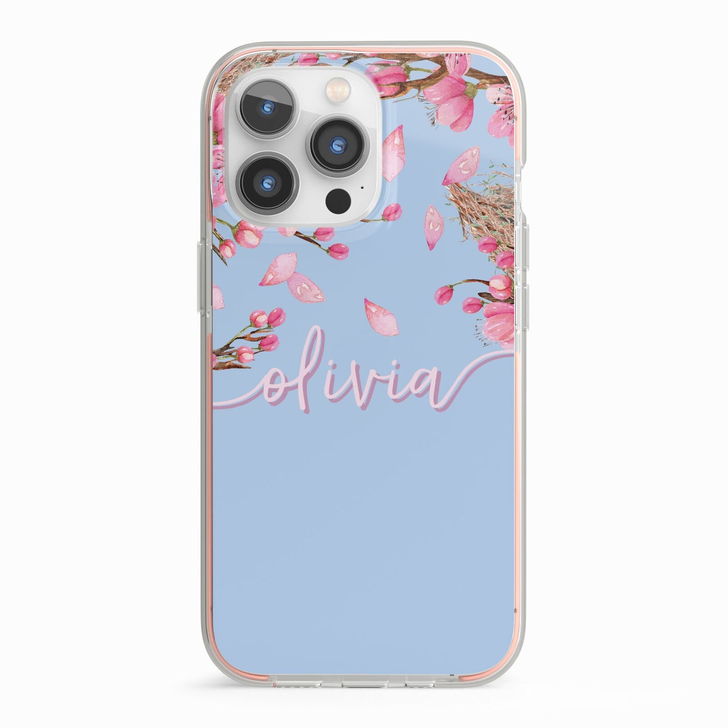 Personalised Blue Pink Blossom iPhone 13 Pro TPU Impact Case with Pink Edges