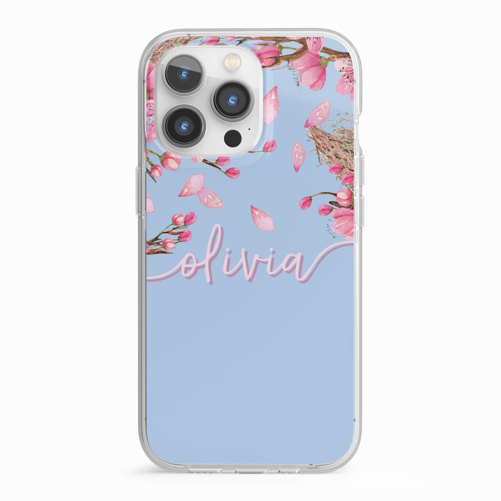 Personalised Blue Pink Blossom iPhone 13 Pro TPU Impact Case with White Edges