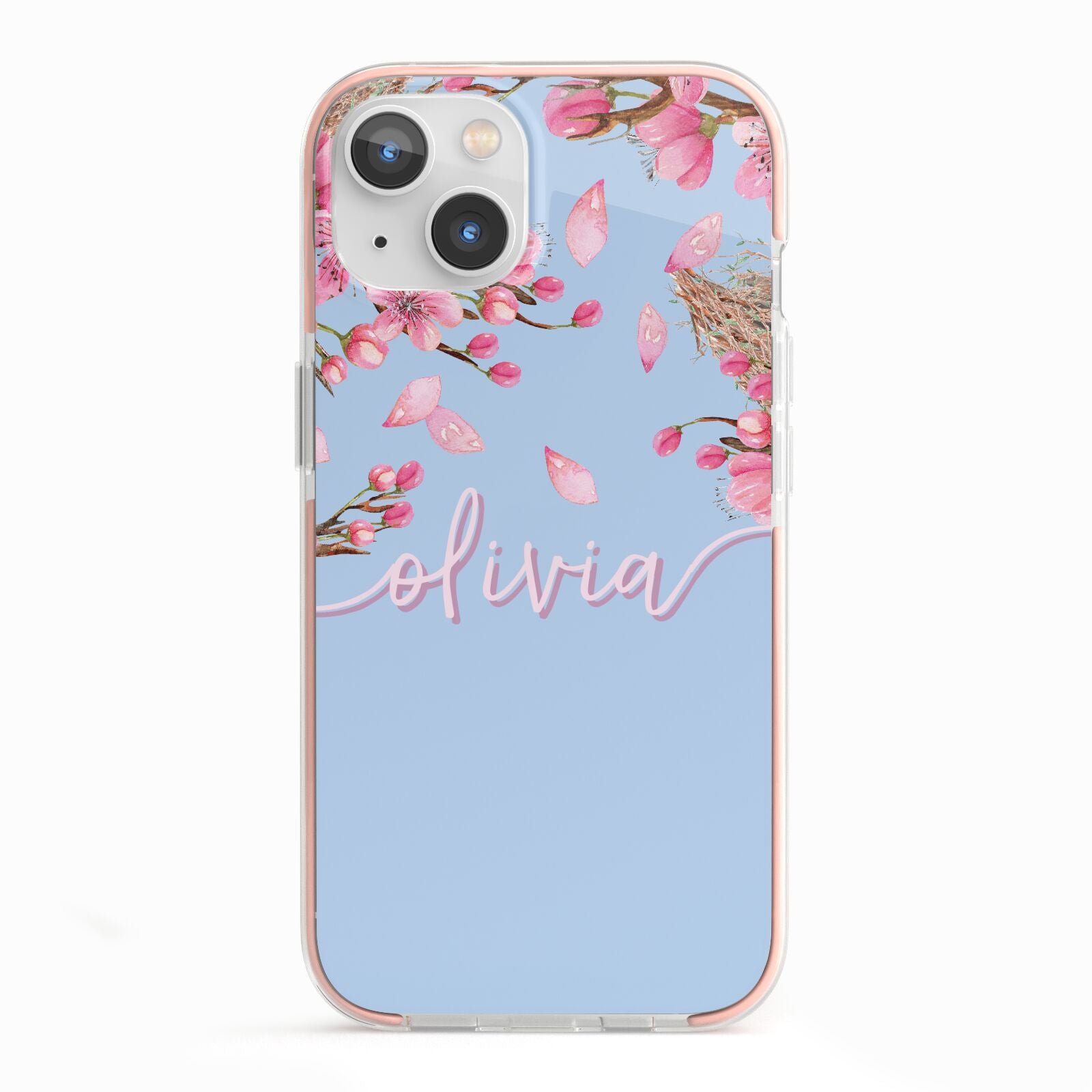 Personalised Blue Pink Blossom iPhone 13 TPU Impact Case with Pink Edges