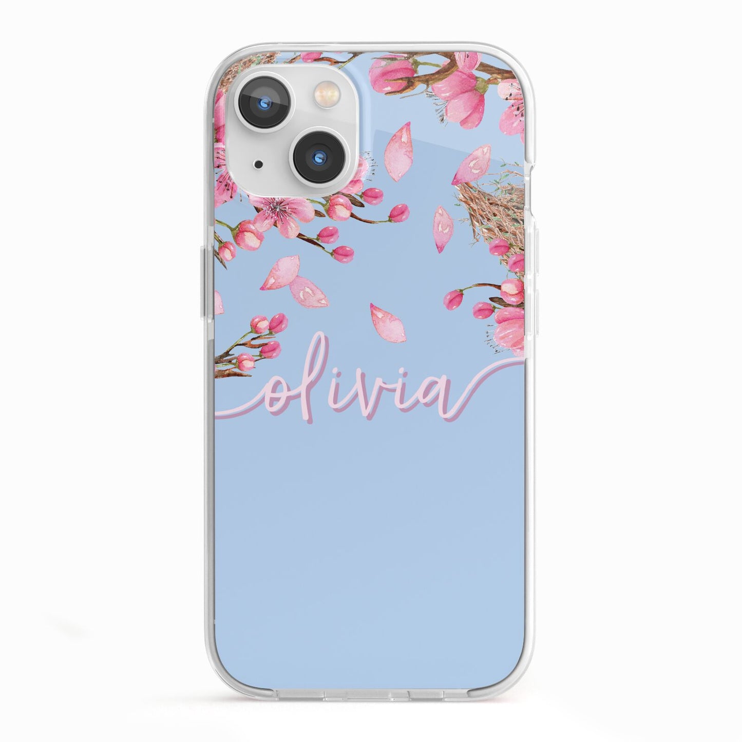 Personalised Blue Pink Blossom iPhone 13 TPU Impact Case with White Edges